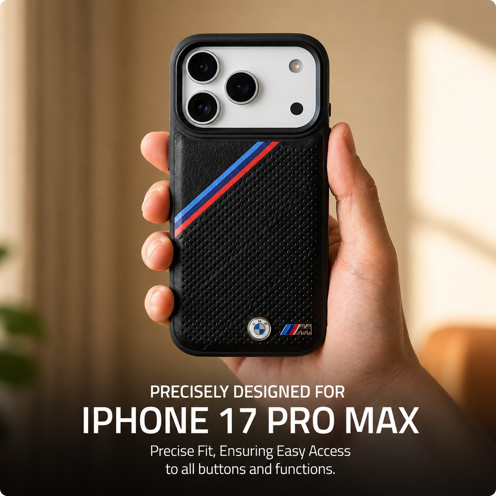 CG MOBILE BMW [Official Licensed] Protective Case Designed for iPhone 17 Pro Max |Magnetic Compatible|M Collection|Pu Leather Tricolor Slanted Stripes & Metal Logos -Black
