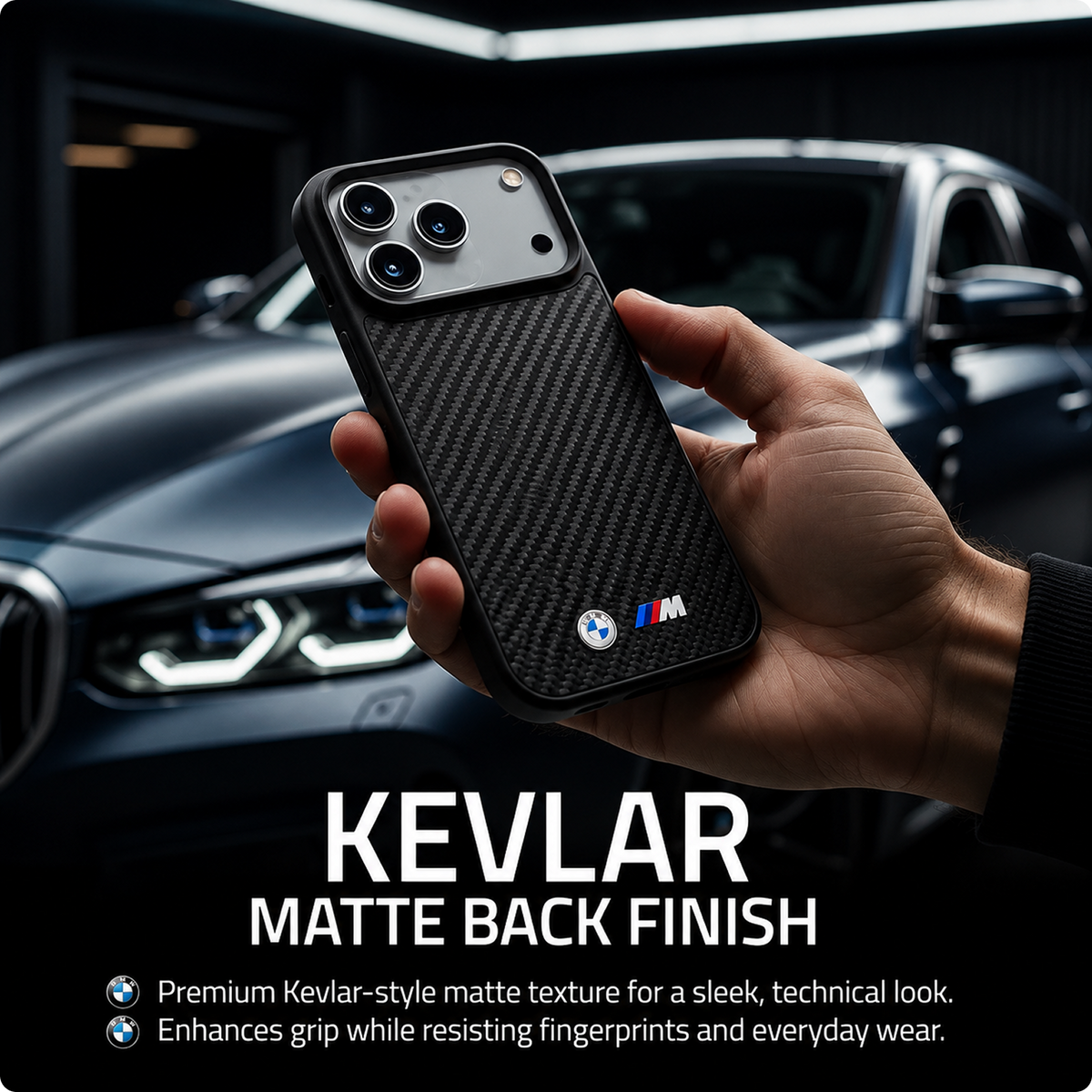 CG MOBILE BMW [Official Licensed] Protective Case Designed for iPhone 17 Pro Max |Magnetic Compatible|M Collection|Kevlar Matt Case with Metal Logos -Black