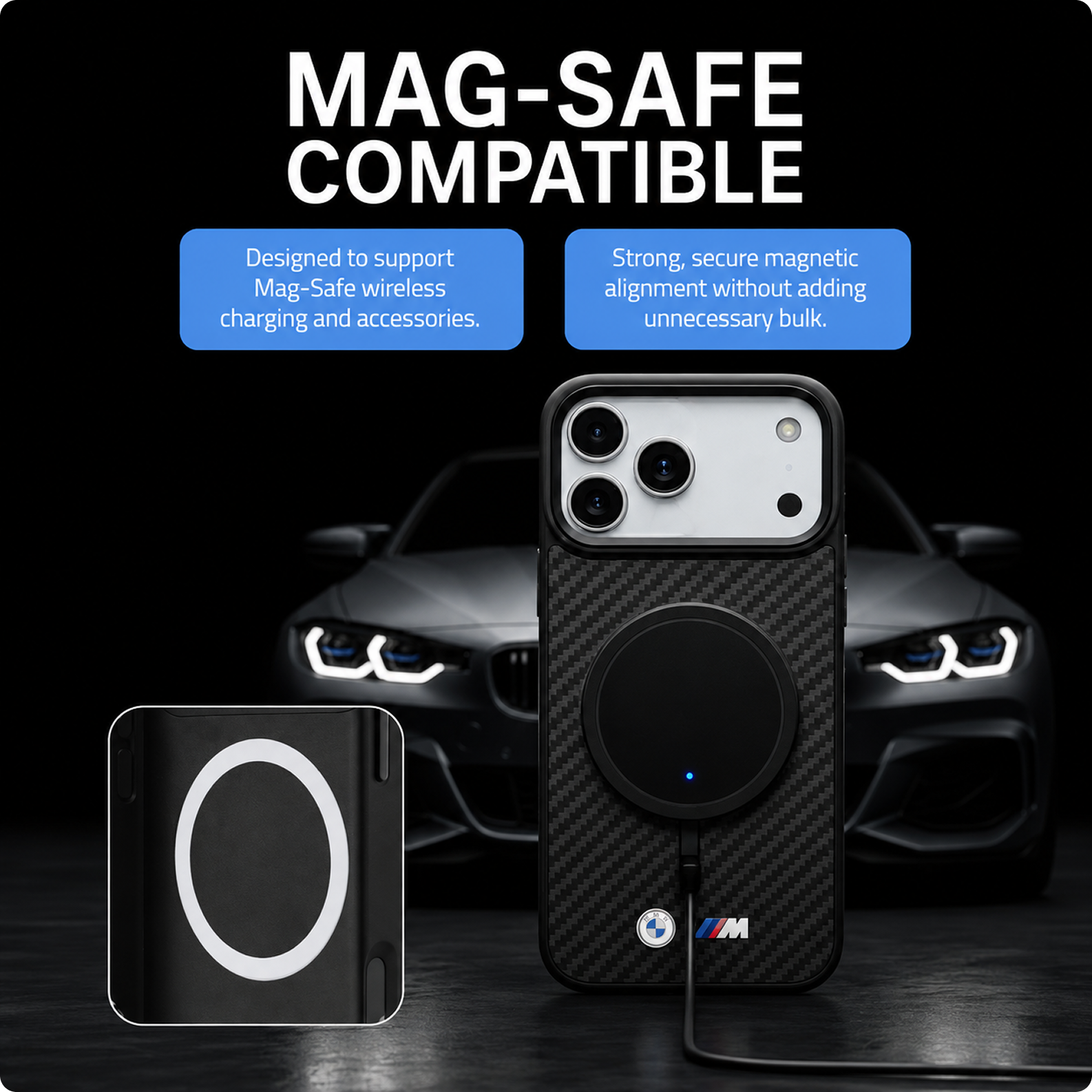 CG MOBILE BMW [Official Licensed] Protective Case Designed for iPhone 17 Pro Max |Magnetic Compatible|M Collection|Kevlar Matt Case with Metal Logos -Black