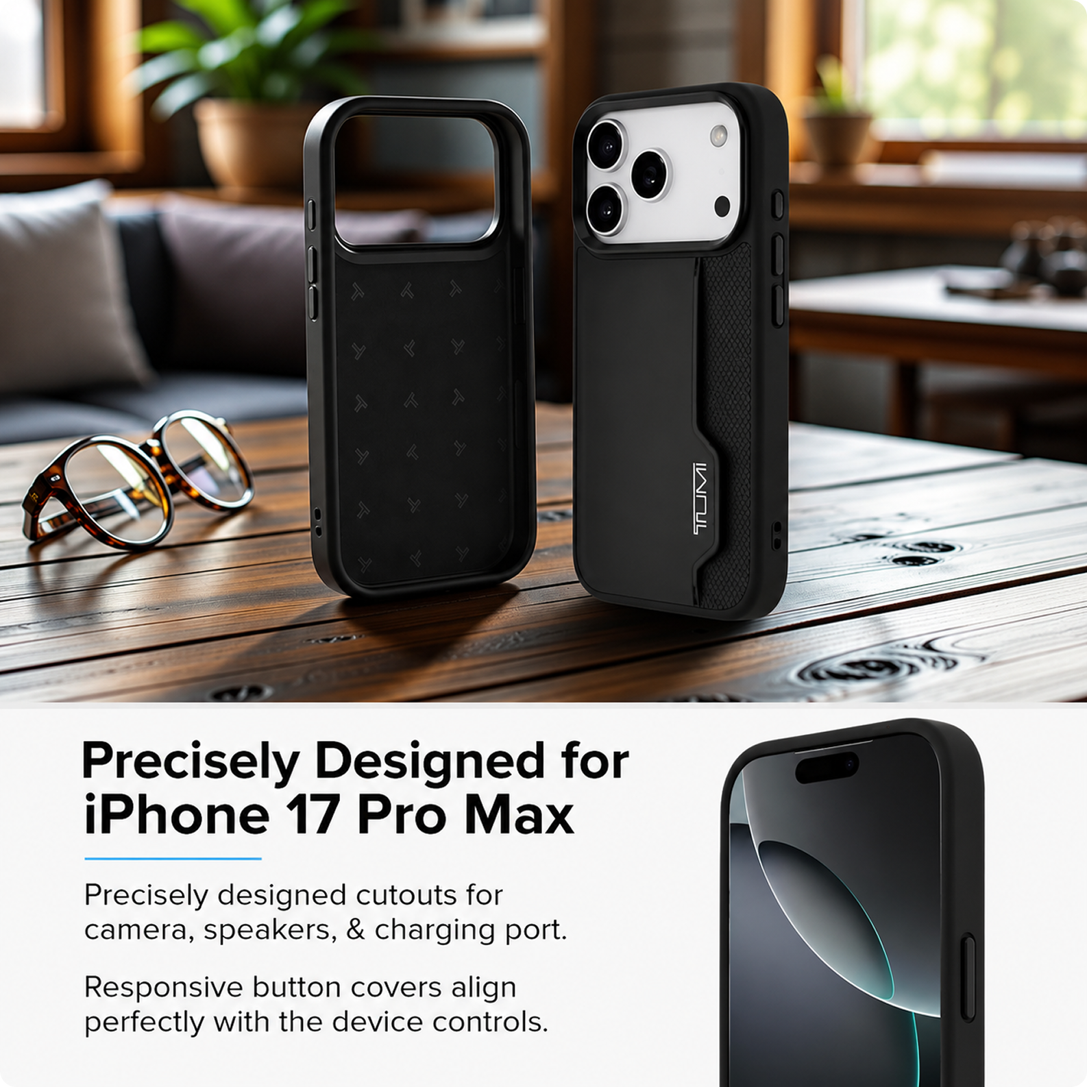 CG MOBILE TUMI [Official Licensed] Protective Case Designed for iPhone 17 Pro Max |Perforated Leather Hard Case with Vertical Card Slot -Black