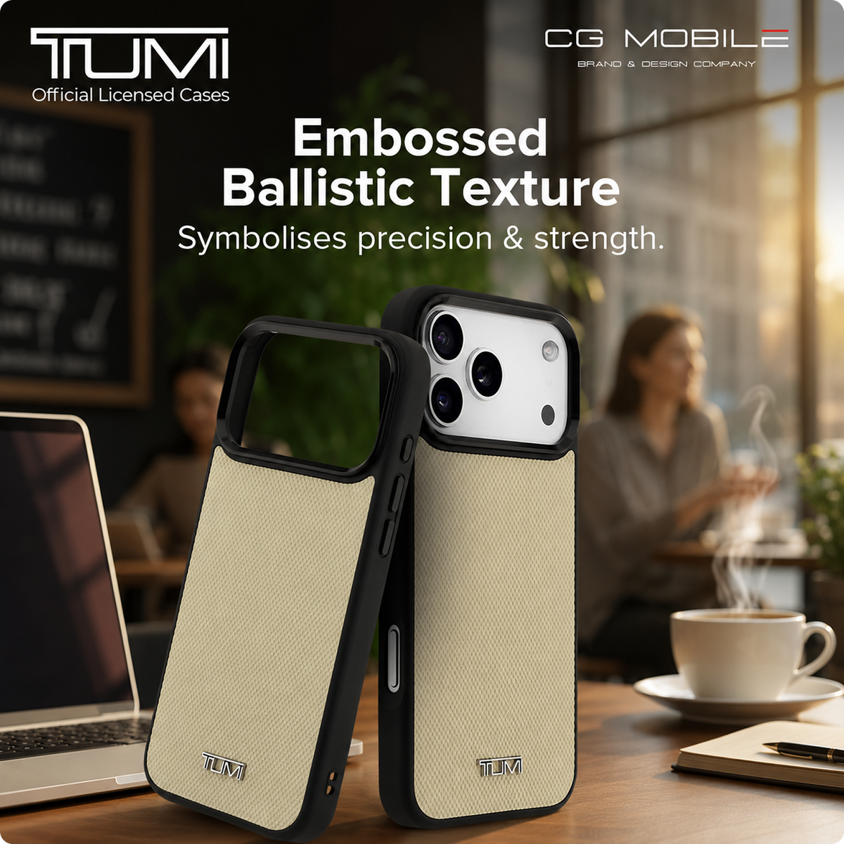 CG MOBILE TUMI [Official Licensed] Protective Case Designed for iPhone 17 Pro Max | Magnetic Compatible |Leather Hard Case Embossed Balistic Pattern -Khaki