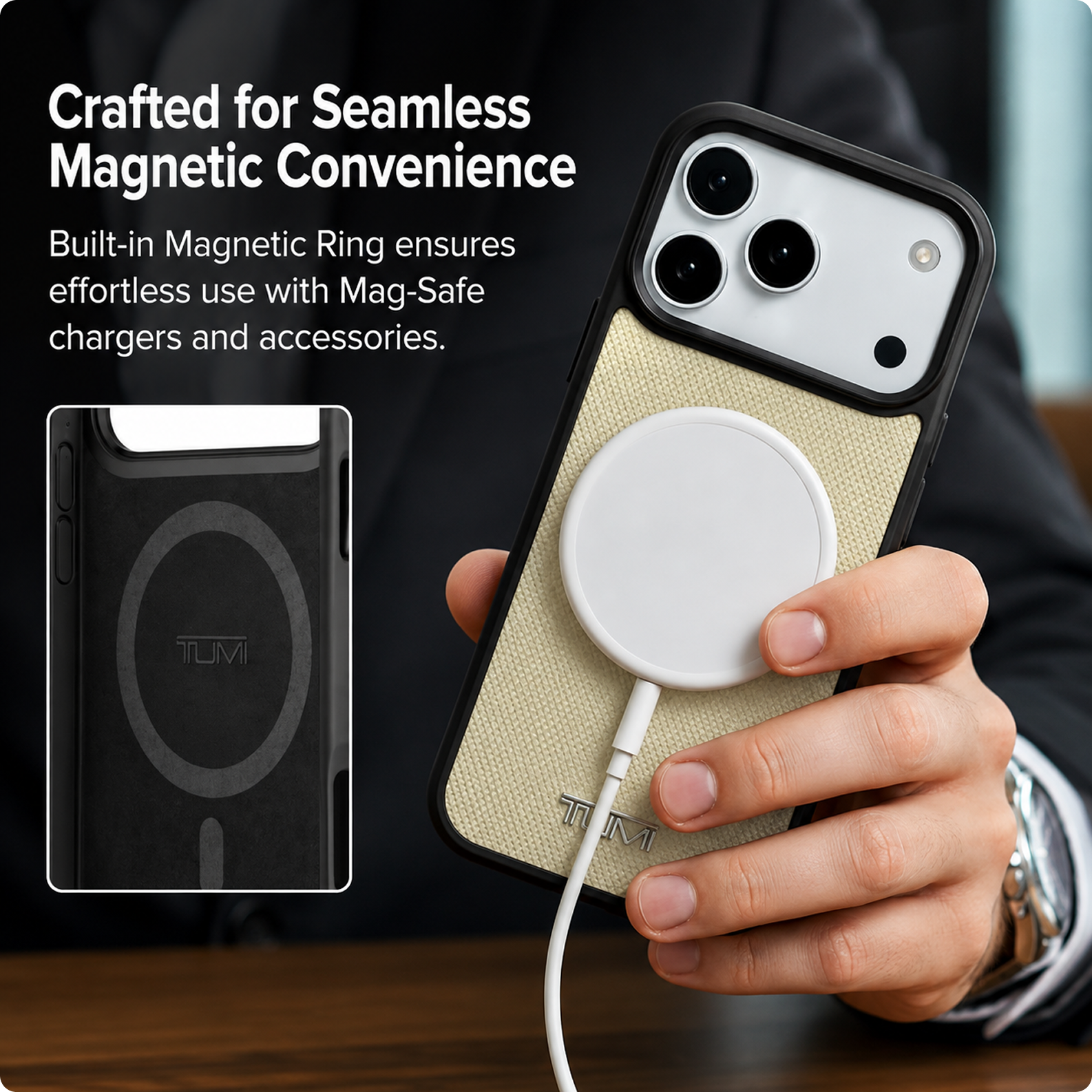 CG MOBILE TUMI [Official Licensed] Protective Case Designed for iPhone 17 Pro Max | Magnetic Compatible |Leather Hard Case Embossed Balistic Pattern -Khaki