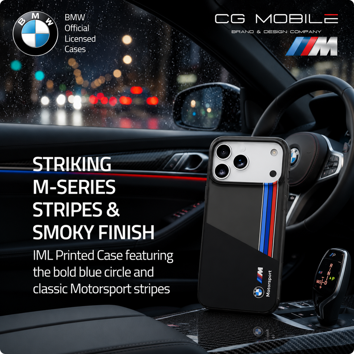 CG MOBILE BMW [Official Licensed] Protective Case Designed for iPhone 17 Pro Max |Motorsport Collection|IML Printed Case with Vertical Stripes - Black