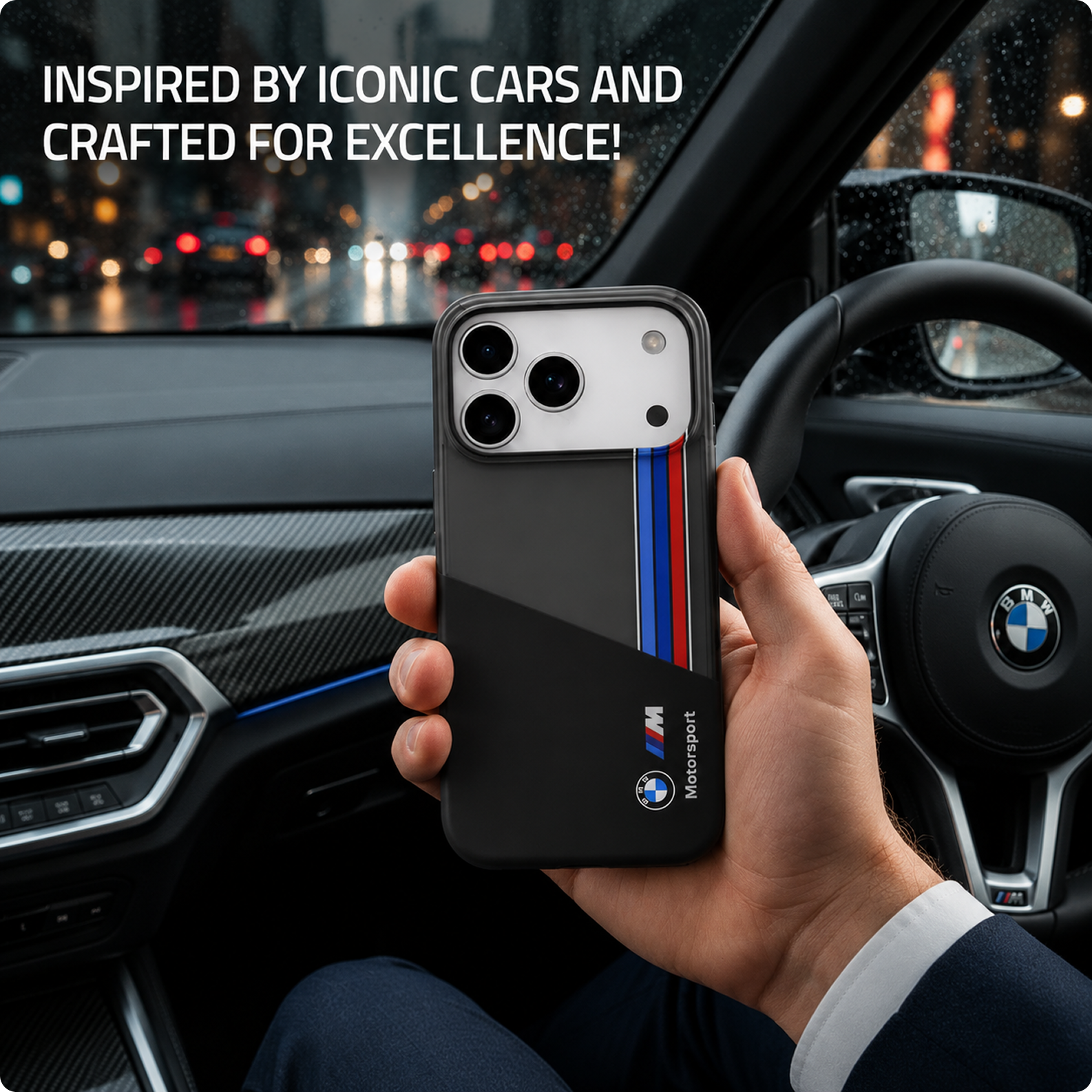 CG MOBILE BMW [Official Licensed] Protective Case Designed for iPhone 17 Pro Max |Motorsport Collection|IML Printed Case with Vertical Stripes - Black