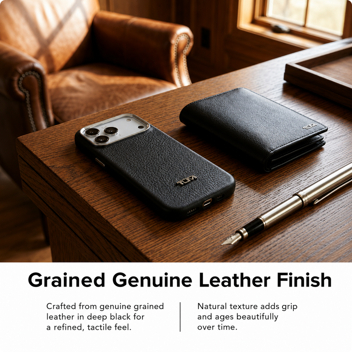 CG MOBILE TUMI [Official Licensed] Protective Case Designed for iPhone 17 Pro Max |Magnetic Compatible| Grained Genuine Leather Case - Black