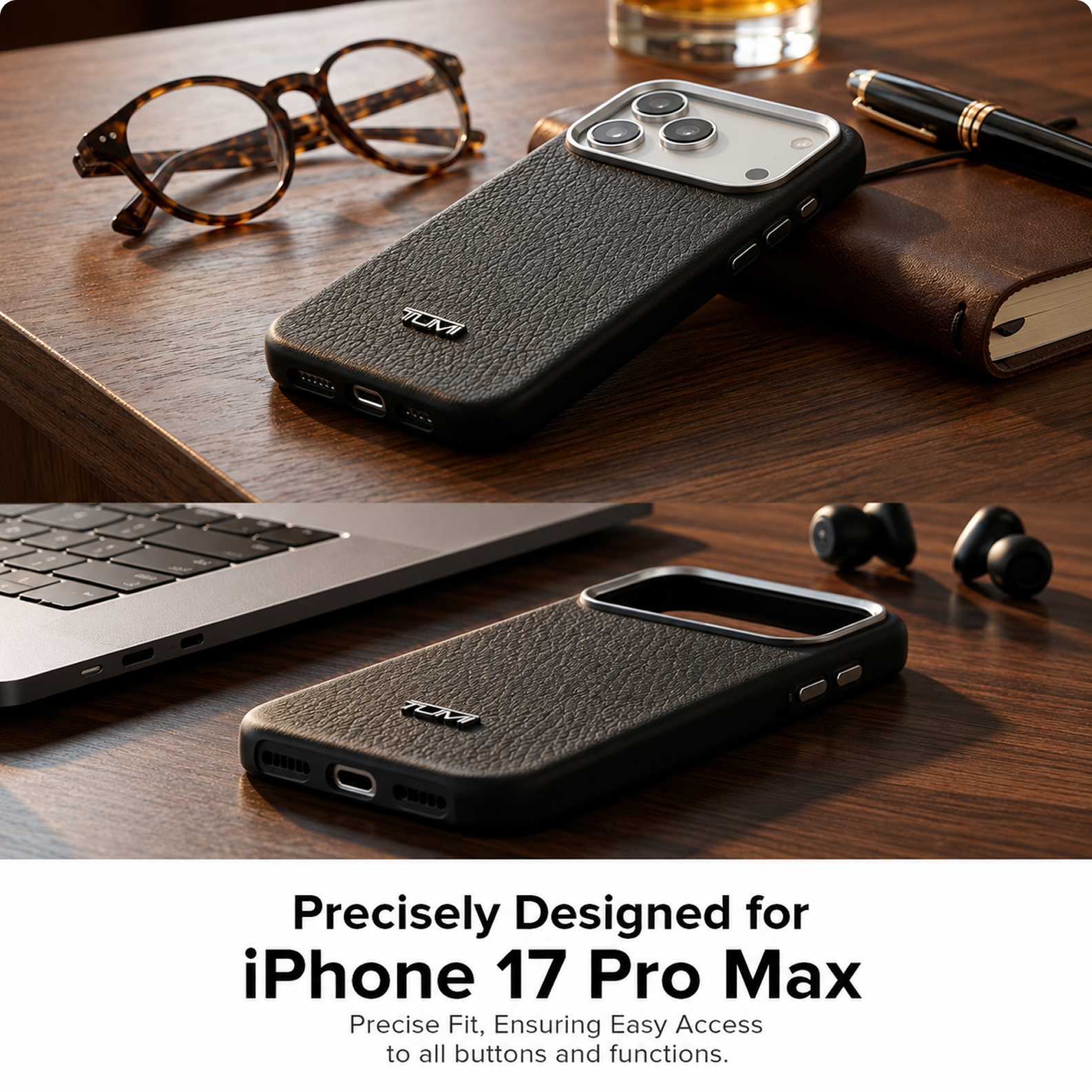 CG MOBILE TUMI [Official Licensed] Protective Case Designed for iPhone 17 Pro Max |Magnetic Compatible| Grained Genuine Leather Case - Black