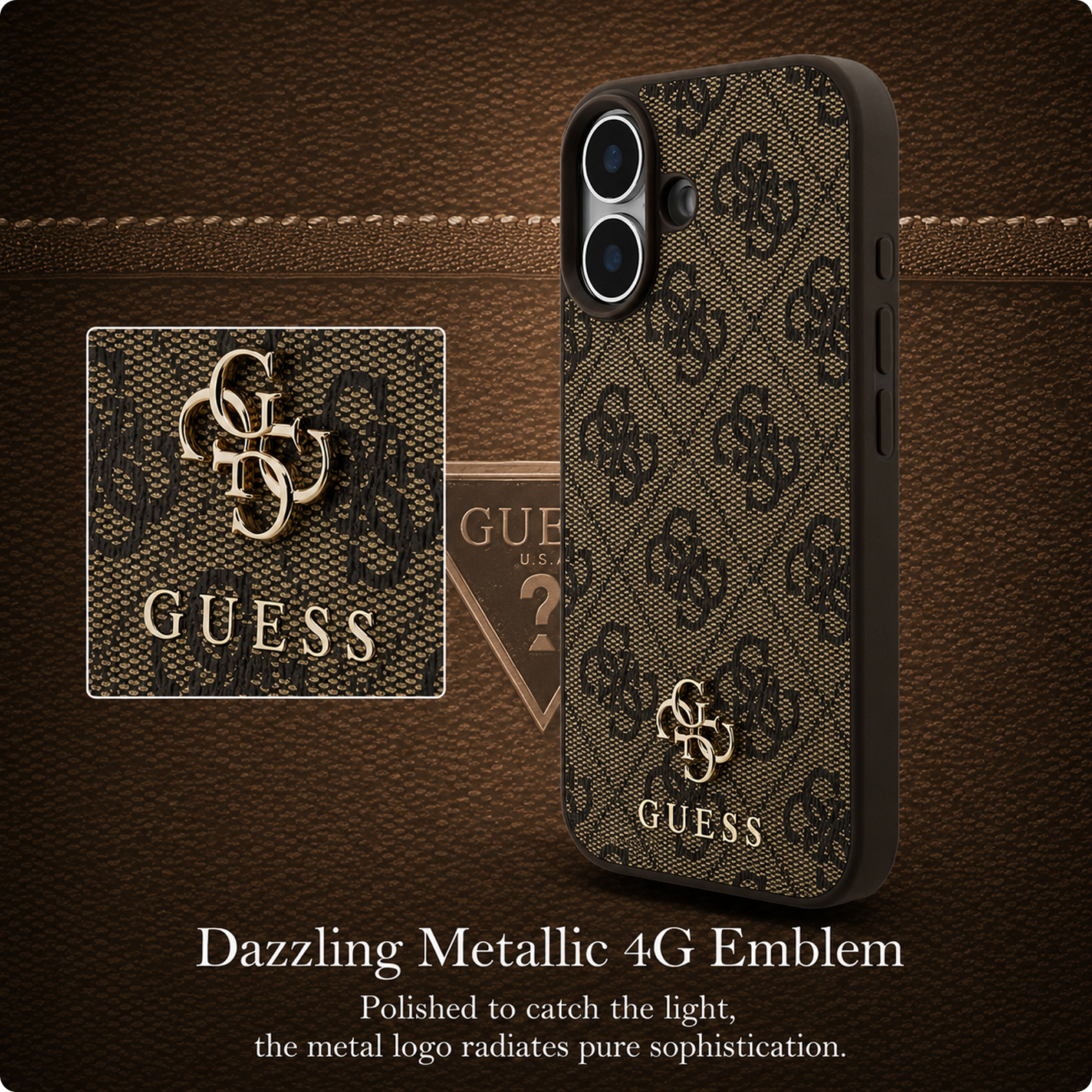 CG MOBILE Guess Protective Case Designed for iPhone 17 |Magnetic Compatible|4G Pu Leather Case with Small 4G & Classic Metal Logos -Brown