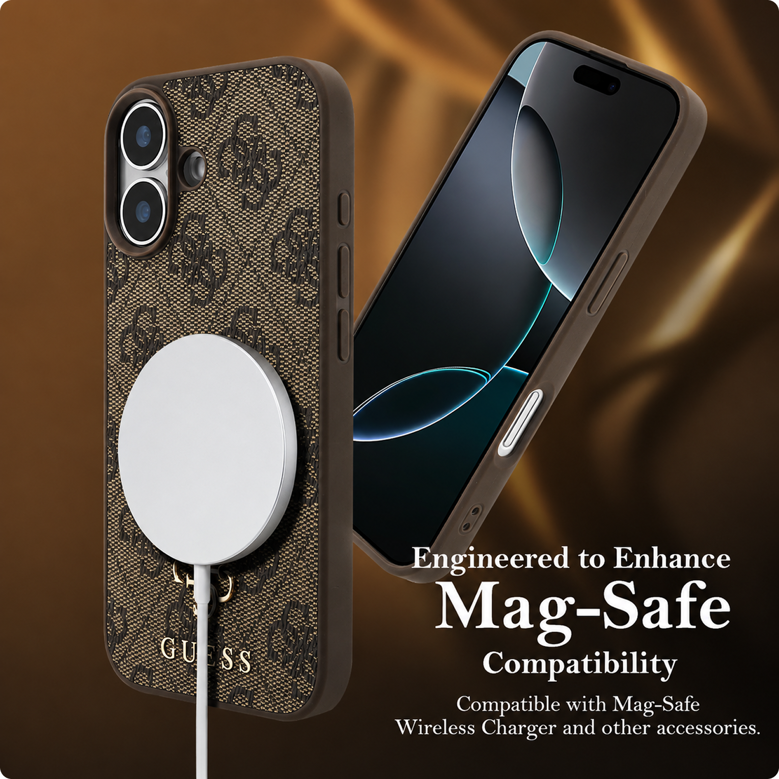 CG MOBILE Guess Protective Case Designed for iPhone 17 |Magnetic Compatible|4G Pu Leather Case with Small 4G & Classic Metal Logos -Brown