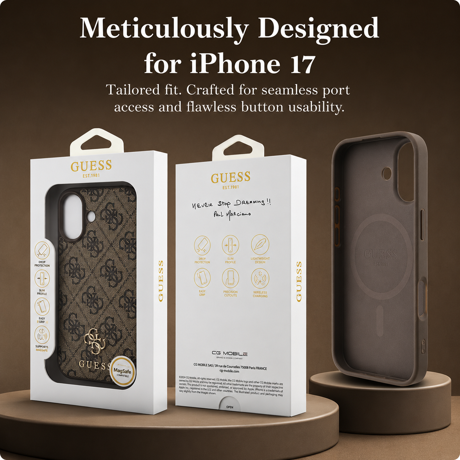 CG MOBILE Guess Protective Case Designed for iPhone 17 |Magnetic Compatible|4G Pu Leather Case with Small 4G & Classic Metal Logos -Brown