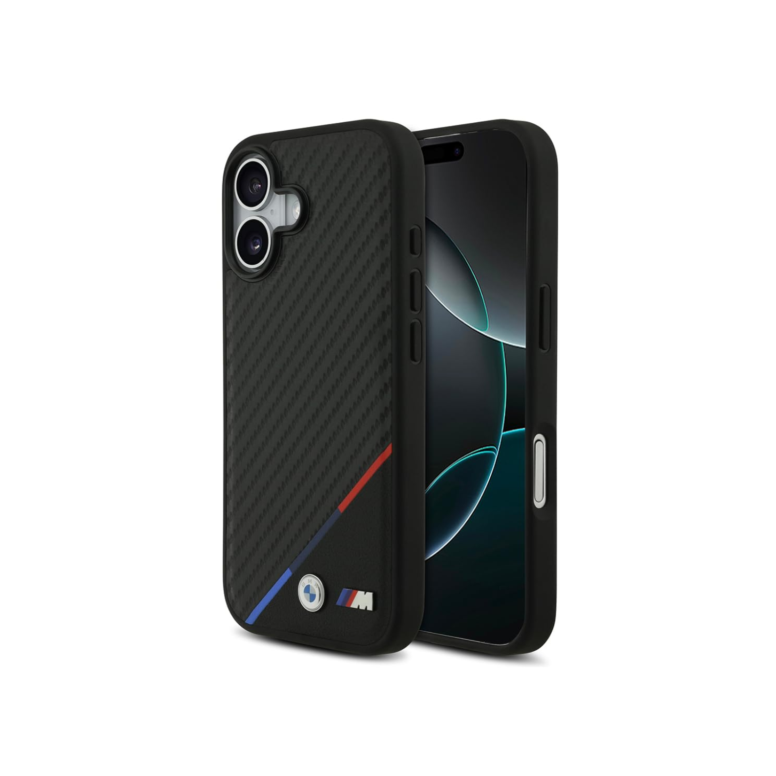 CG MOBILE BMW Protective Case Designed for iPhone 17 |Magnetic Compatible|M Collection|Pu Leather Case Carbon & Tricolor Stripe with Metal Logos -Black