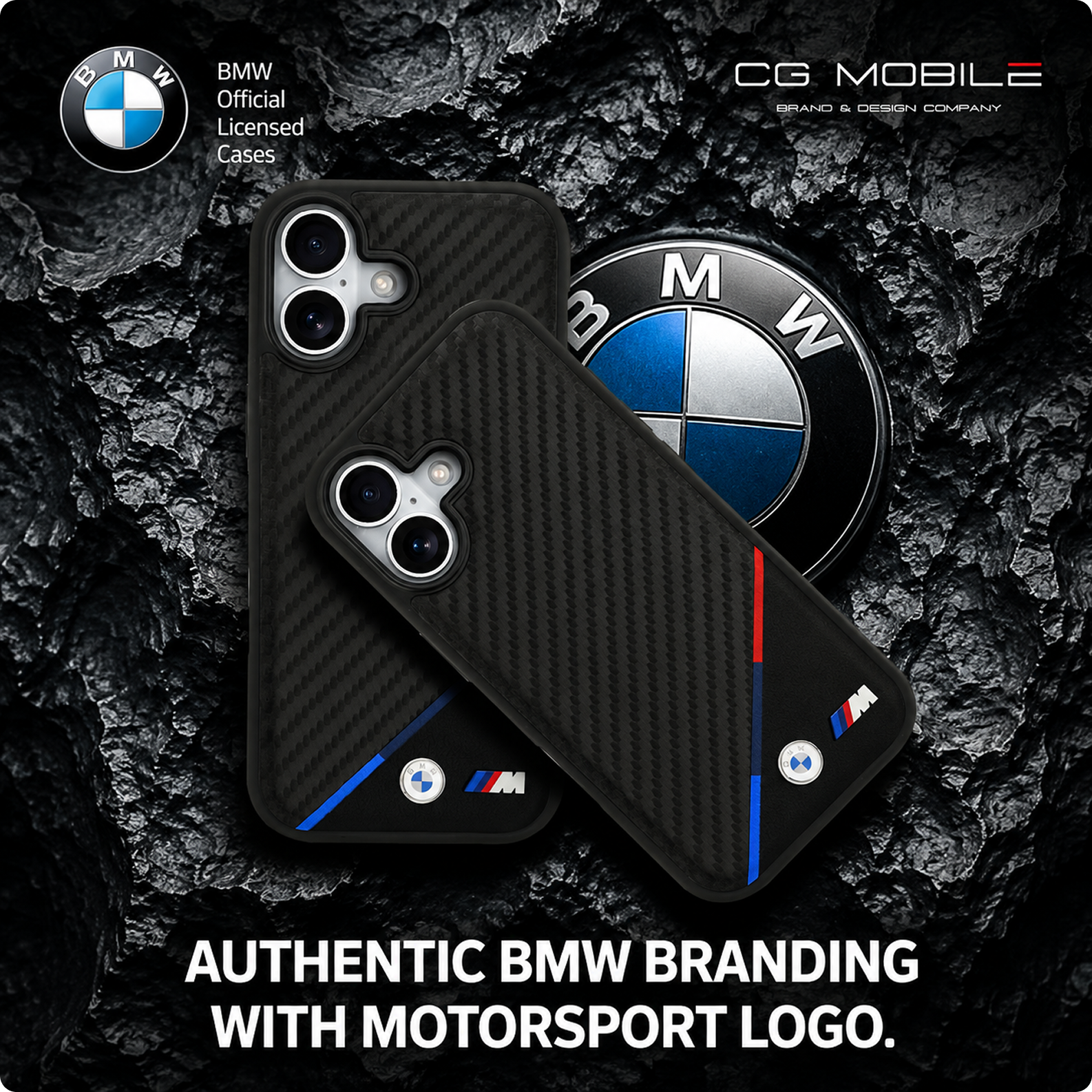 CG MOBILE BMW Protective Case Designed for iPhone 17 |Magnetic Compatible|M Collection|Pu Leather Case Carbon & Tricolor Stripe with Metal Logos -Black