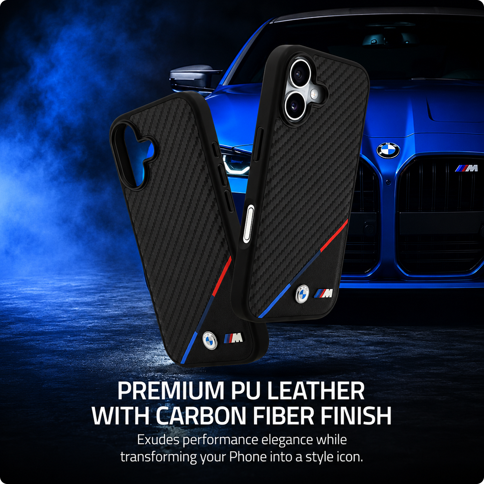 CG MOBILE BMW Protective Case Designed for iPhone 17 |Magnetic Compatible|M Collection|Pu Leather Case Carbon & Tricolor Stripe with Metal Logos -Black