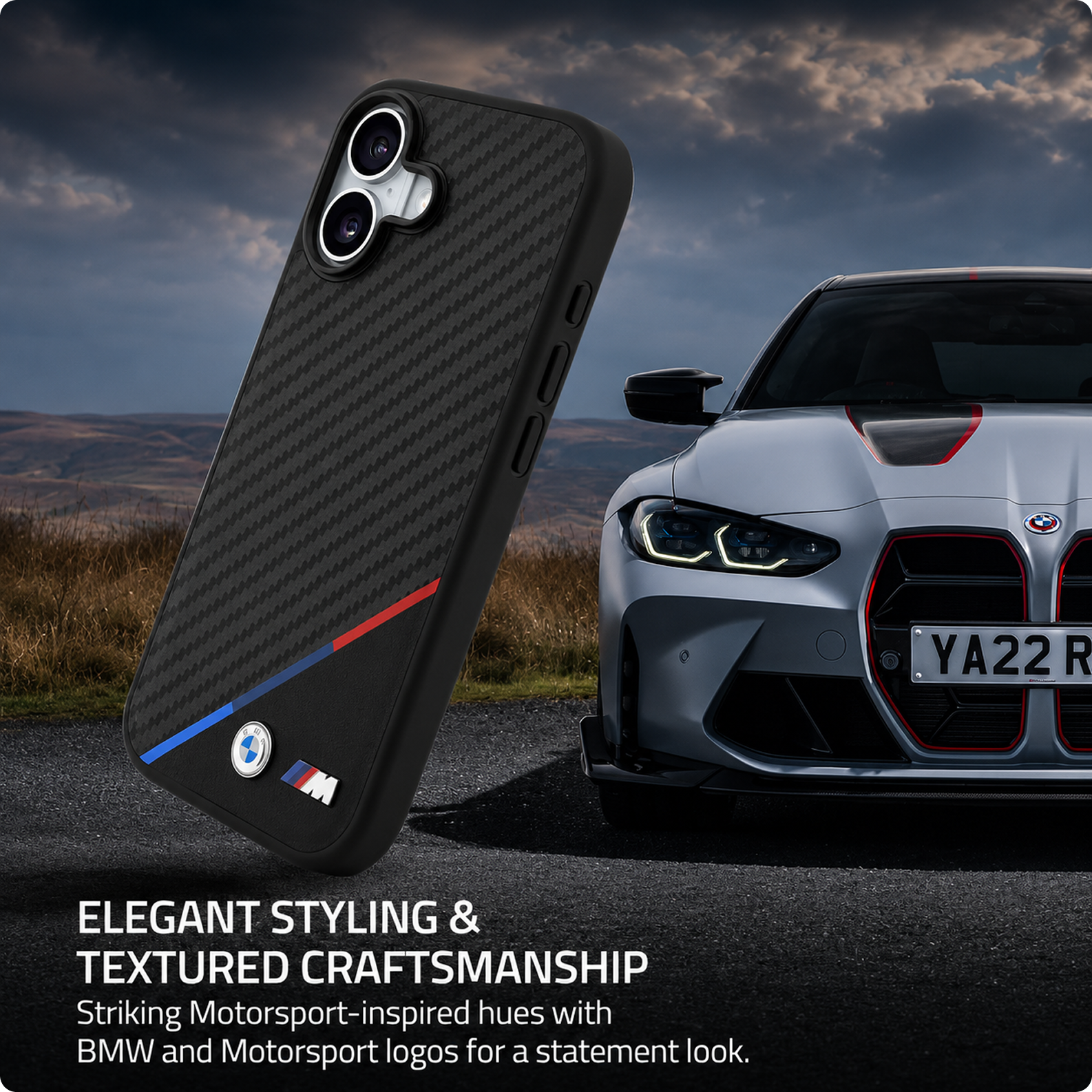 CG MOBILE BMW Protective Case Designed for iPhone 17 |Magnetic Compatible|M Collection|Pu Leather Case Carbon & Tricolor Stripe with Metal Logos -Black