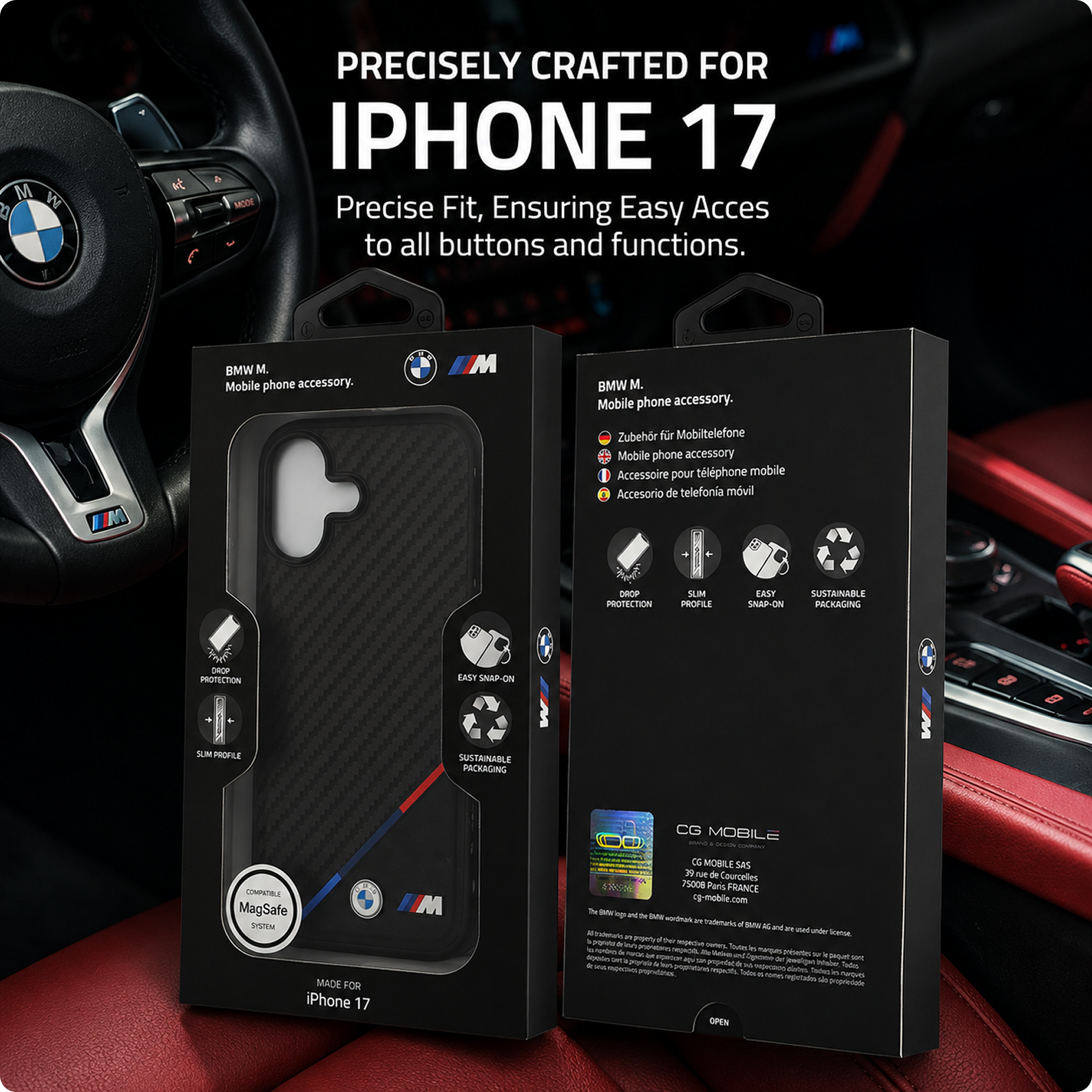 CG MOBILE BMW Protective Case Designed for iPhone 17 |Magnetic Compatible|M Collection|Pu Leather Case Carbon & Tricolor Stripe with Metal Logos -Black