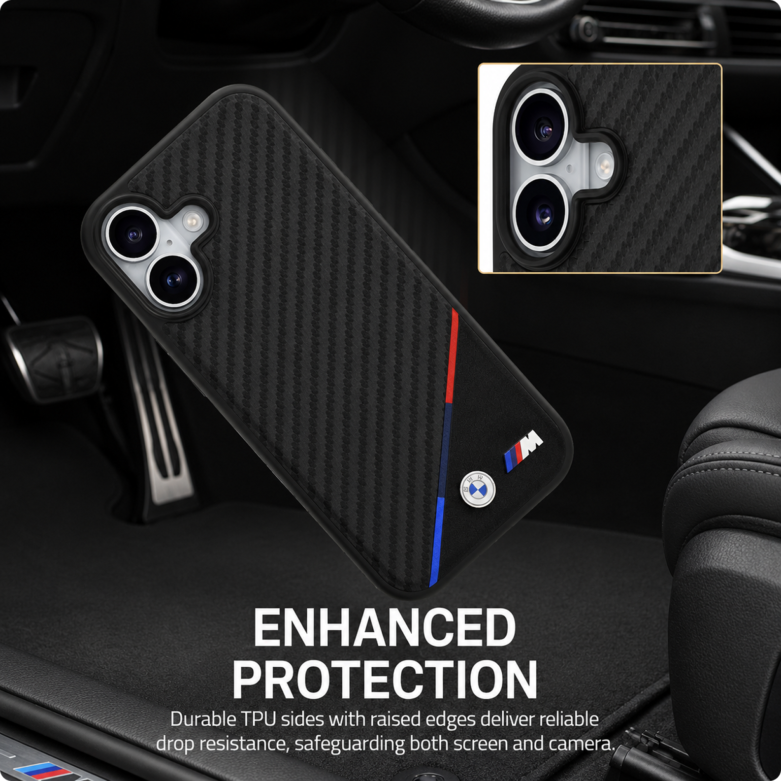 CG MOBILE BMW Protective Case Designed for iPhone 17 |Magnetic Compatible|M Collection|Pu Leather Case Carbon & Tricolor Stripe with Metal Logos -Black