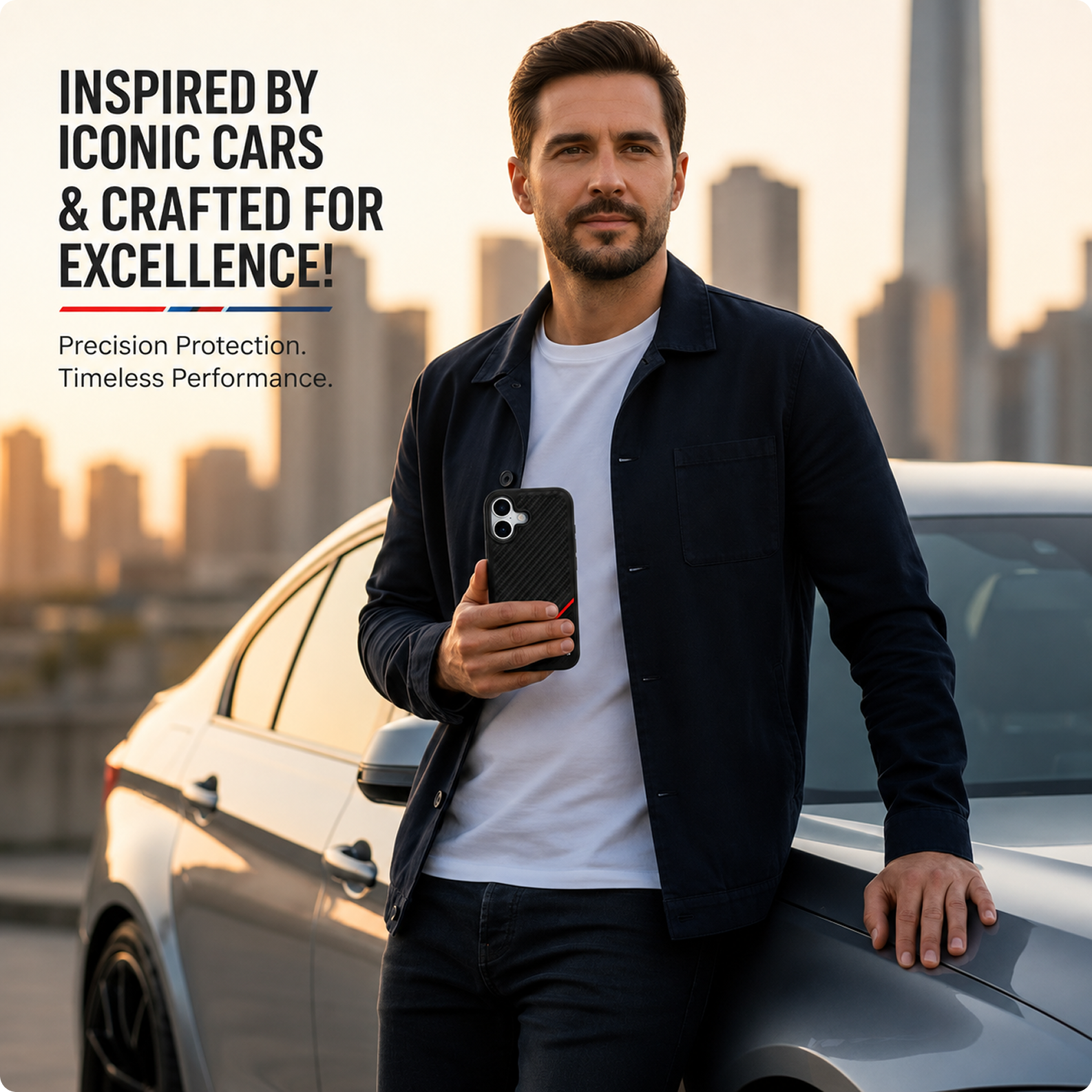 CG MOBILE BMW Protective Case Designed for iPhone 17 |Magnetic Compatible|M Collection|Pu Leather Case Carbon & Tricolor Stripe with Metal Logos -Black