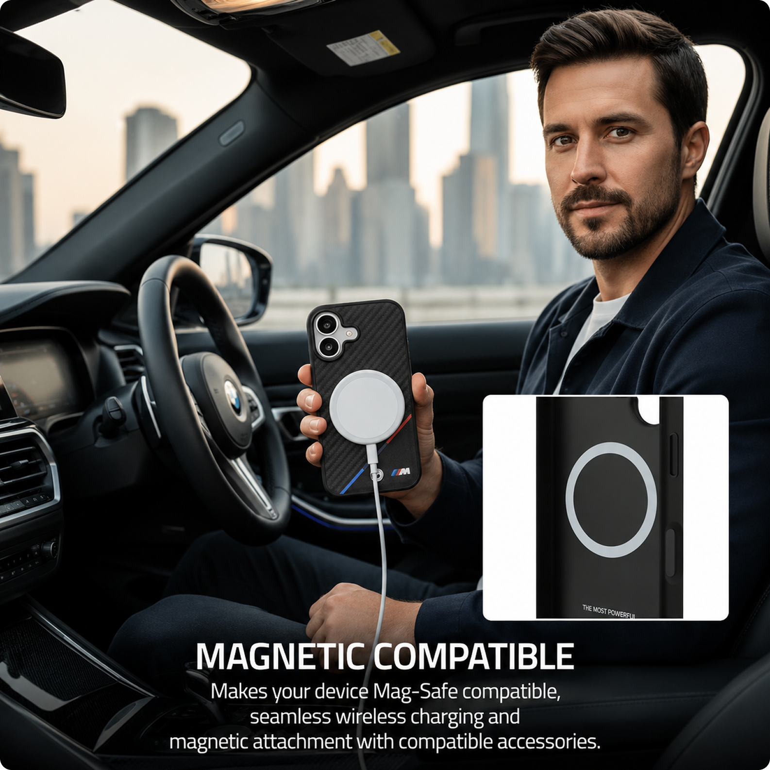 CG MOBILE BMW Protective Case Designed for iPhone 17 |Magnetic Compatible|M Collection|Pu Leather Case Carbon & Tricolor Stripe with Metal Logos -Black