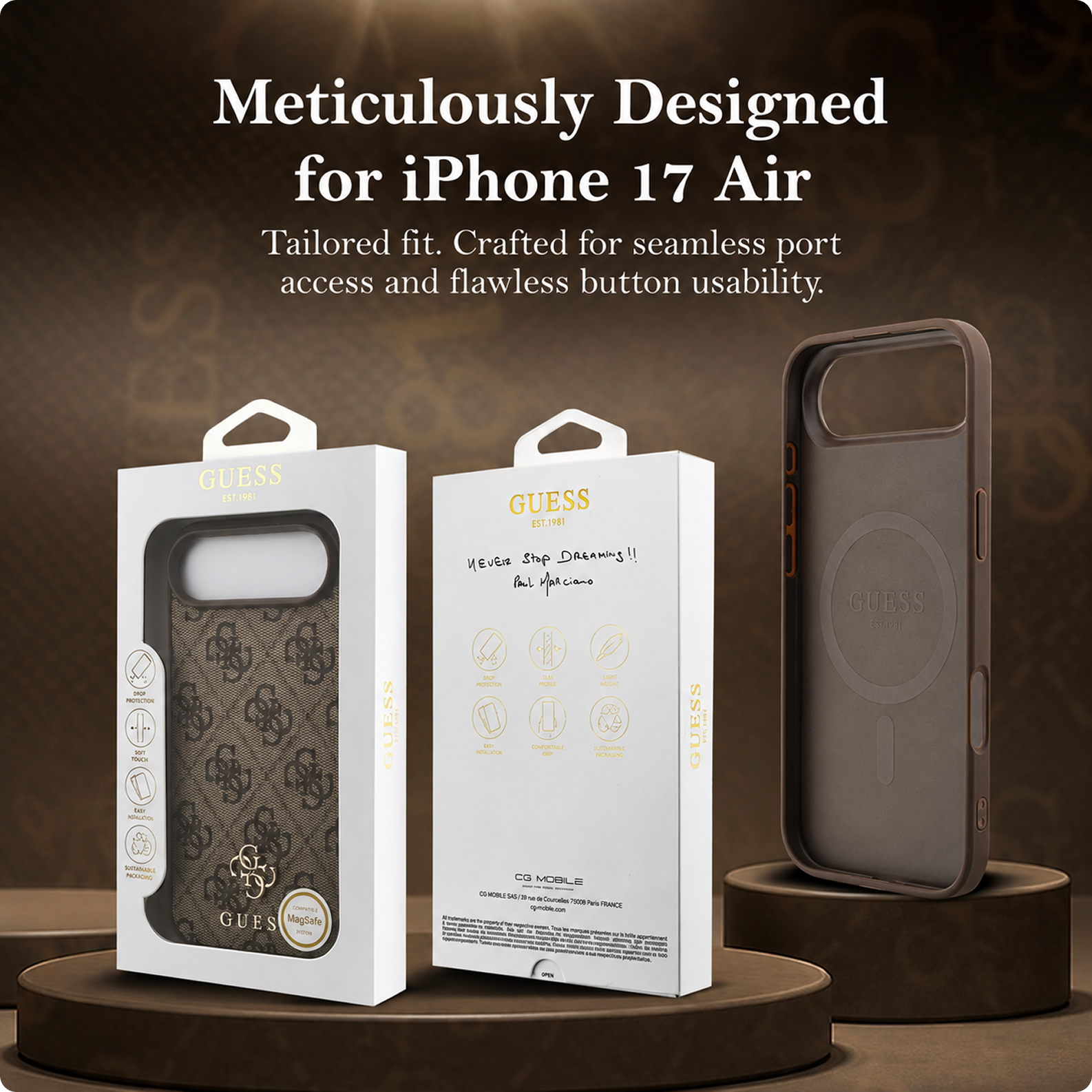 CG MOBILE Guess Protective Case Designed for iPhone 17 Air |Magnetic Compatible|4G Pu Leather Case with Small 4G & Classic Metal Logos -Brown