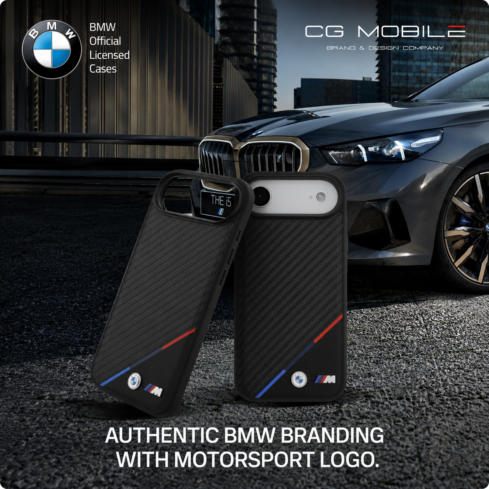 CG MOBILE BMW [Official Licensed] Protective Case Designed for iPhone 17 Air |Magnetic Compatible|M Collection|Pu Leather Case Carbon & Tricolor Stripe with Metal Logos -Black
