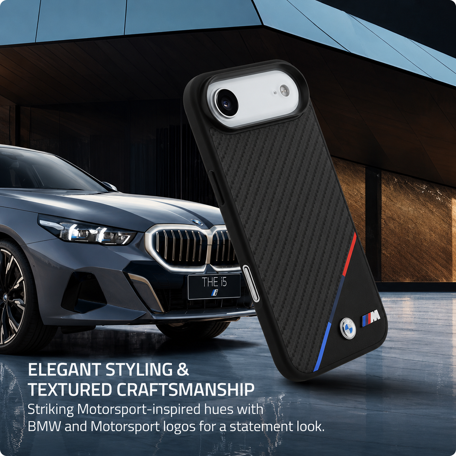 CG MOBILE BMW [Official Licensed] Protective Case Designed for iPhone 17 Air |Magnetic Compatible|M Collection|Pu Leather Case Carbon & Tricolor Stripe with Metal Logos -Black