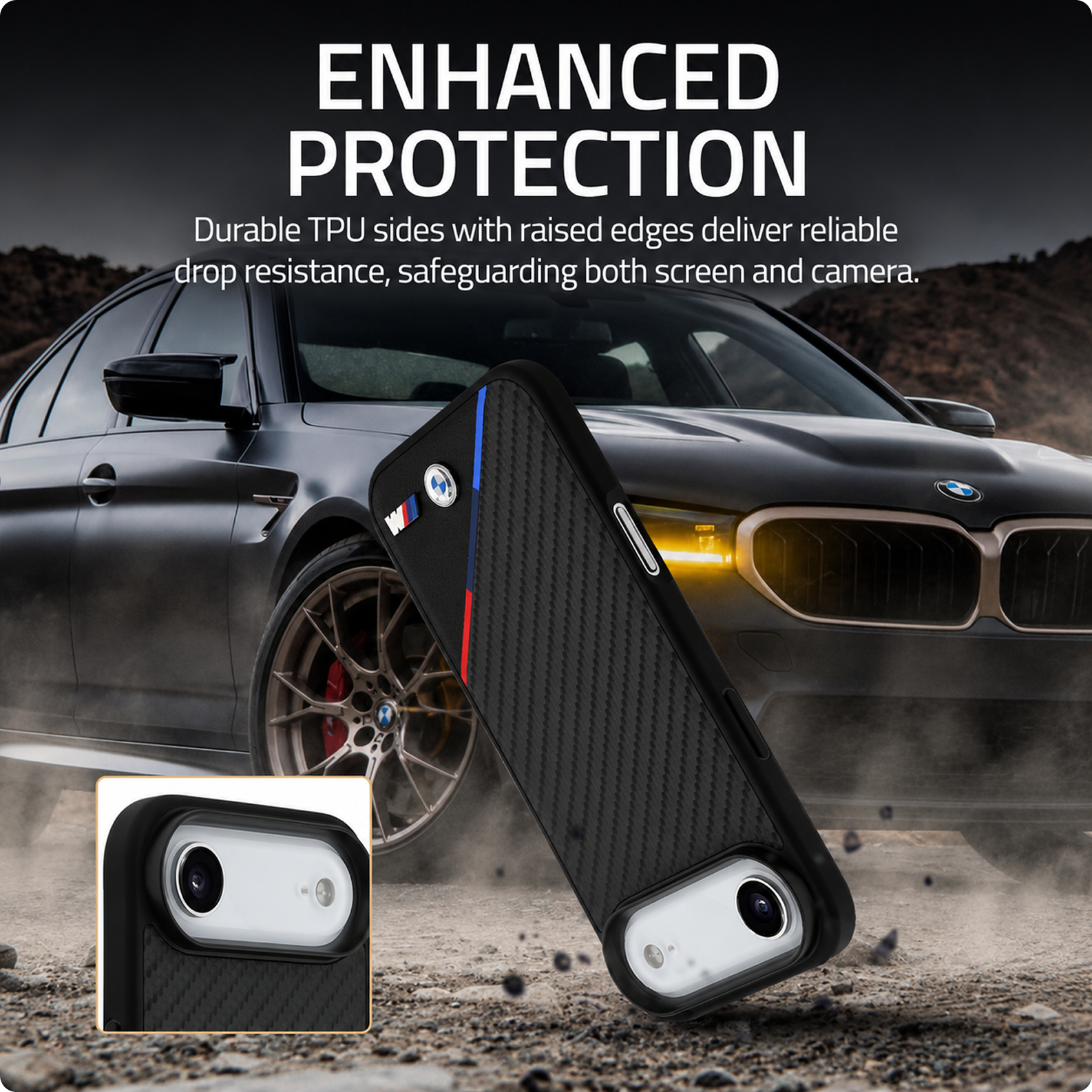 CG MOBILE BMW [Official Licensed] Protective Case Designed for iPhone 17 Air |Magnetic Compatible|M Collection|Pu Leather Case Carbon & Tricolor Stripe with Metal Logos -Black
