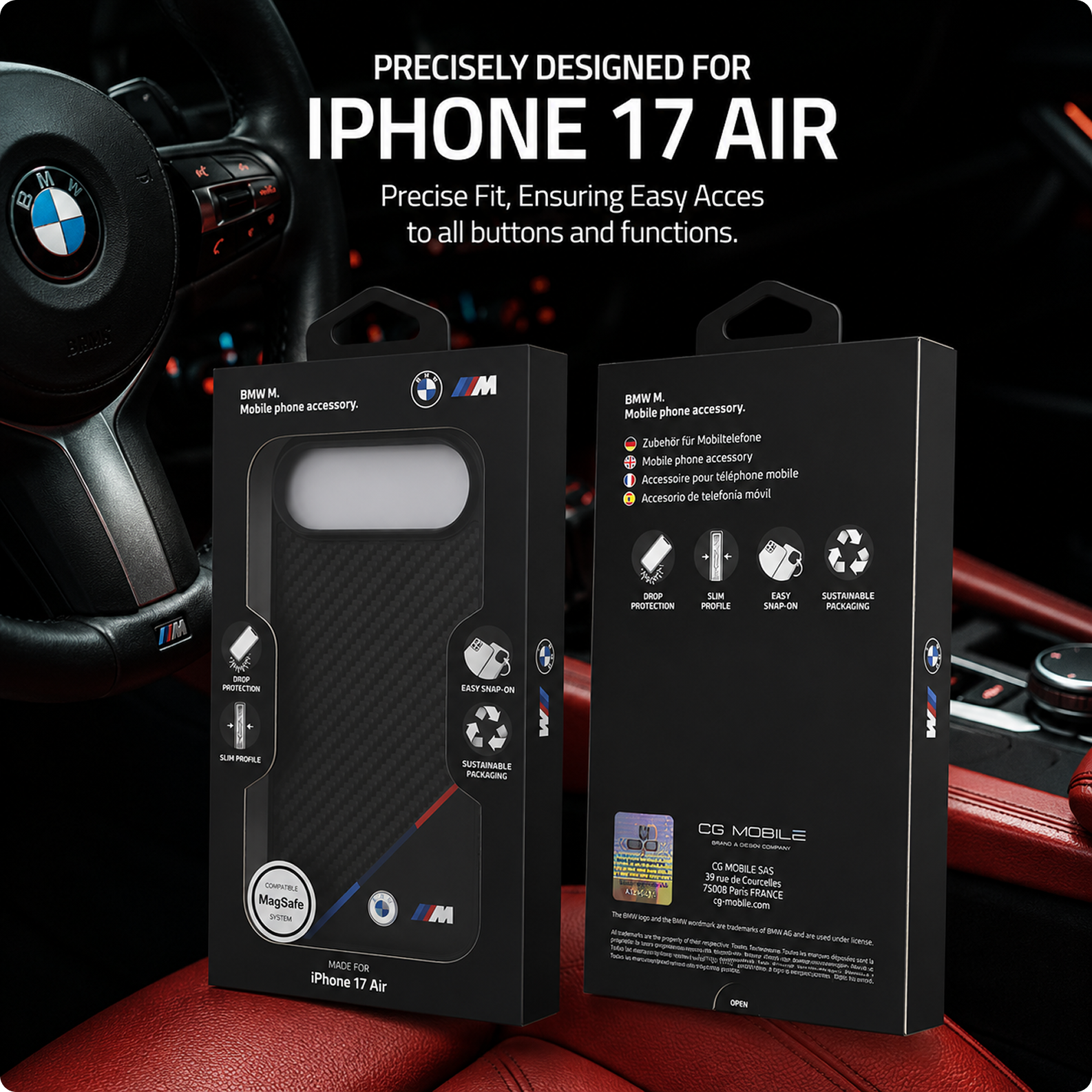 CG MOBILE BMW [Official Licensed] Protective Case Designed for iPhone 17 Air |Magnetic Compatible|M Collection|Pu Leather Case Carbon & Tricolor Stripe with Metal Logos -Black