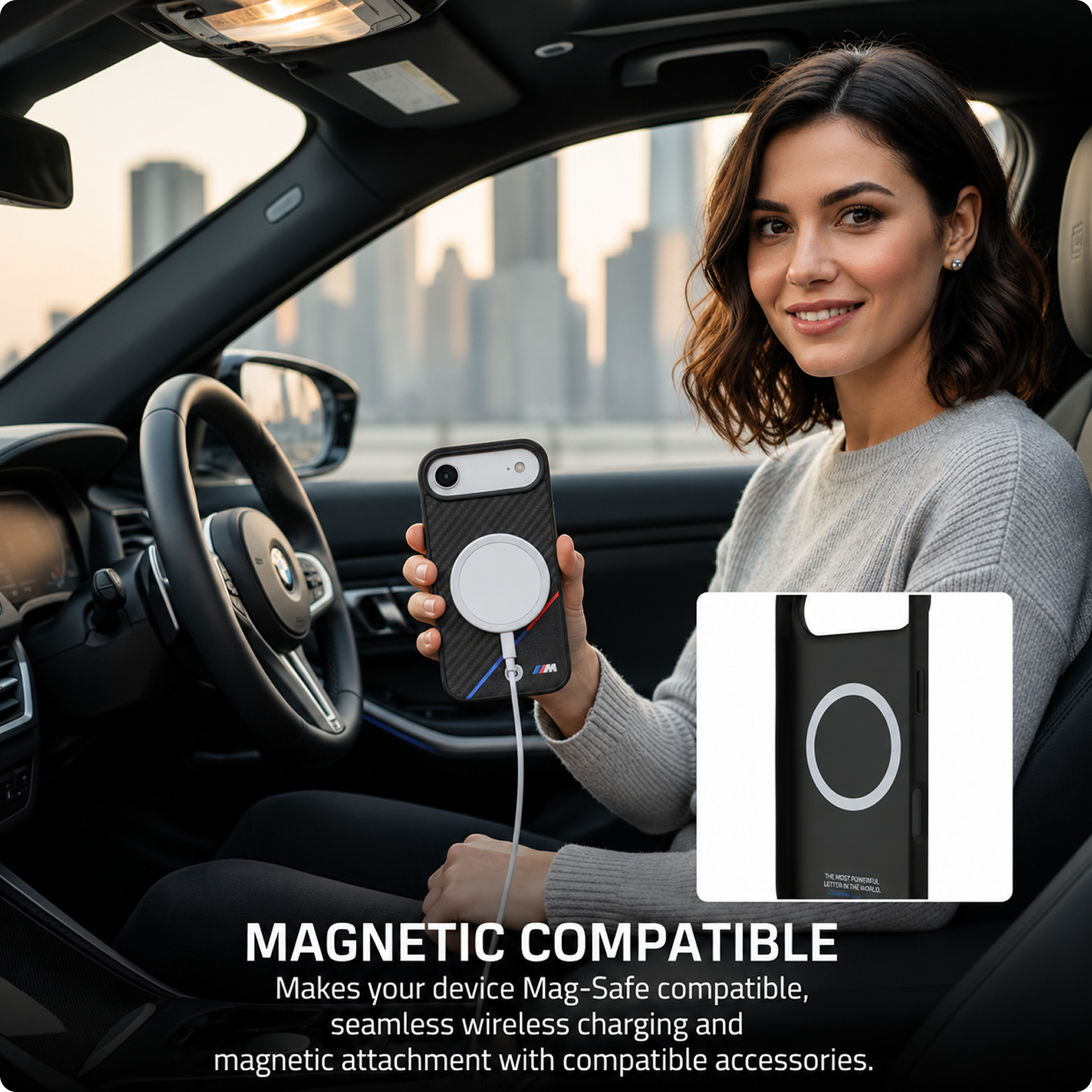 CG MOBILE BMW [Official Licensed] Protective Case Designed for iPhone 17 Air |Magnetic Compatible|M Collection|Pu Leather Case Carbon & Tricolor Stripe with Metal Logos -Black