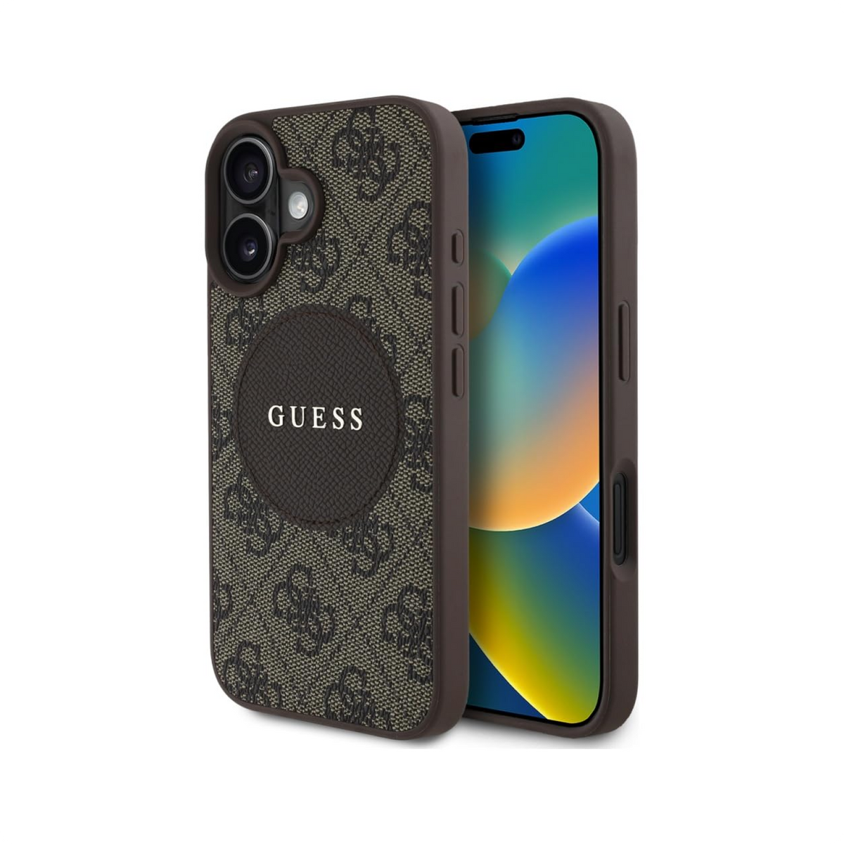 CG MOBILE Guess [Official Licensed] Protective Case Designed for iPhone 16 |Magnetic Compatible |PU Case 4G Circle with Classic Logo - Brown