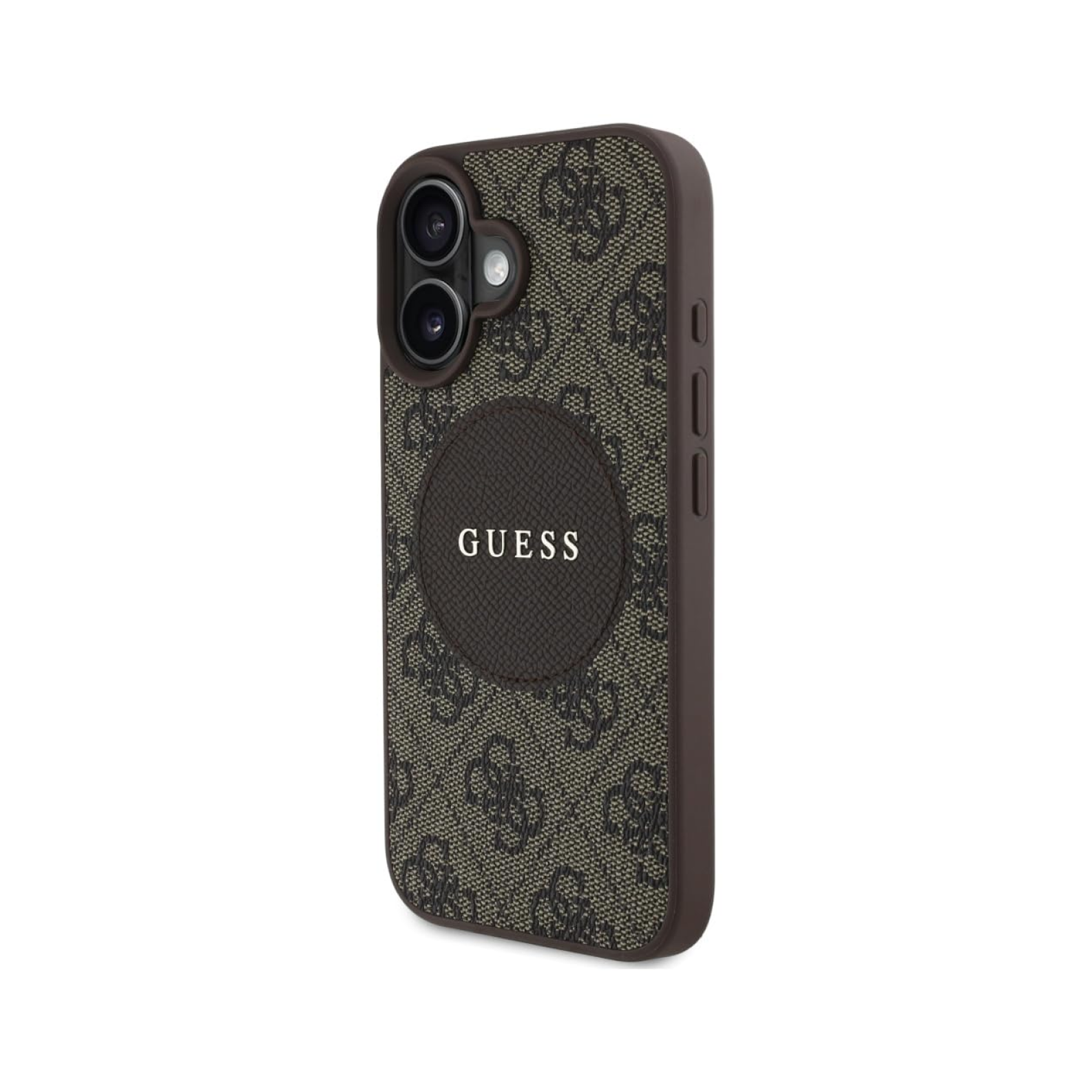 CG MOBILE Guess [Official Licensed] Protective Case Designed for iPhone 16 |Magnetic Compatible |PU Case 4G Circle with Classic Logo - Brown