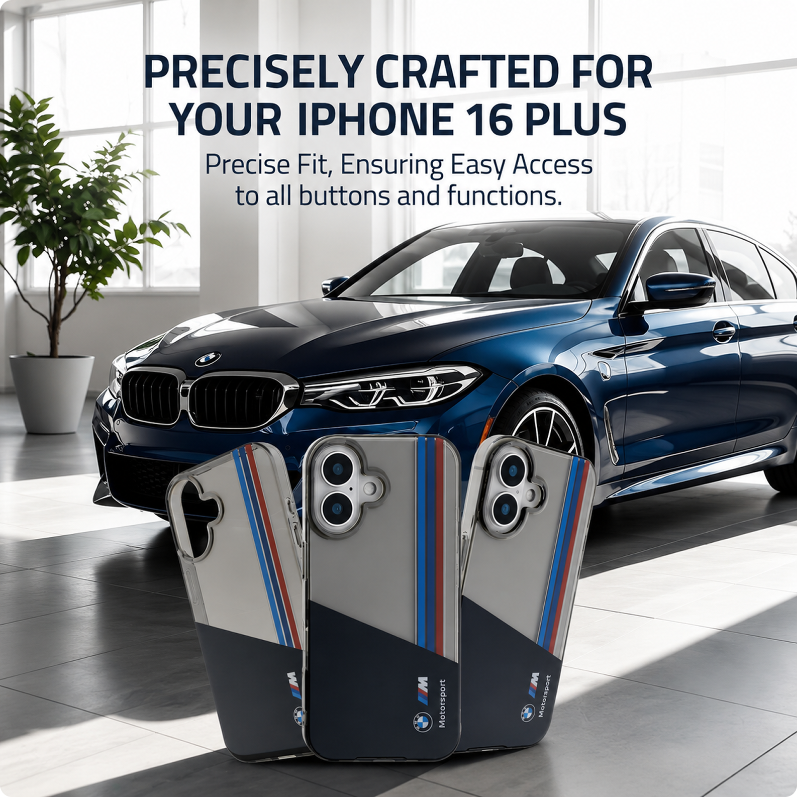 CG MOBILE BMW Phone Case [Official Licensed] Motorsport Collection|IML Printed Case with Vertical Stripes Protective Case/Cover Compatible with iPhone 16 Plus(6.7-Inch)(2024)-Black