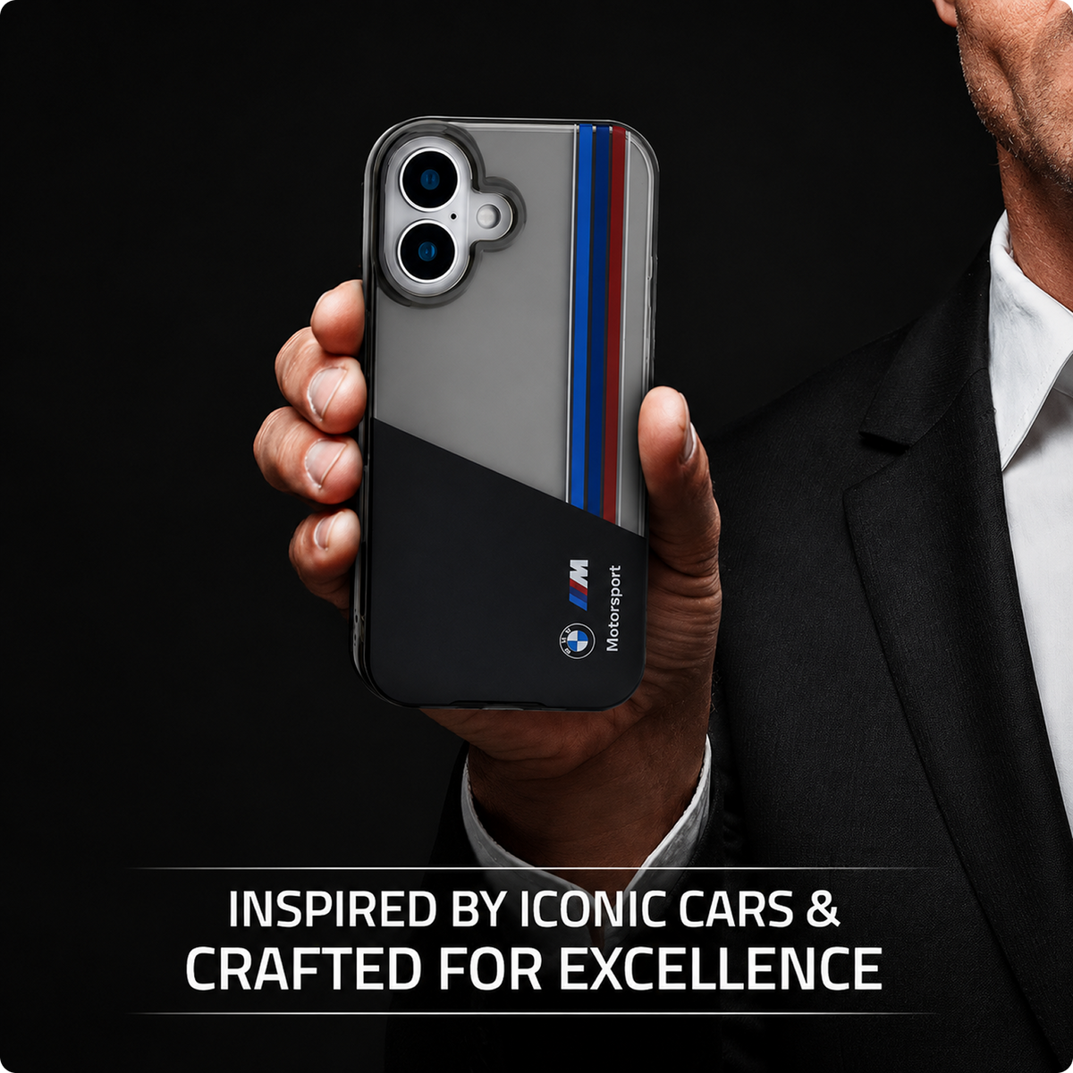 CG MOBILE BMW Phone Case [Official Licensed] Motorsport Collection|IML Printed Case with Vertical Stripes Protective Case/Cover Compatible with iPhone 16 Plus(6.7-Inch)(2024)-Black