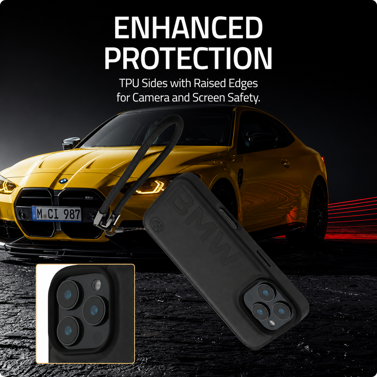 CG MOBILE BMW Phone Case [Official Licensed] Signature| PU Leather Case with Cord Strap Big Wordmark Protective Case/Cover Compatible with iPhone 16 Pro (6.3-Inch) (2024) - Black