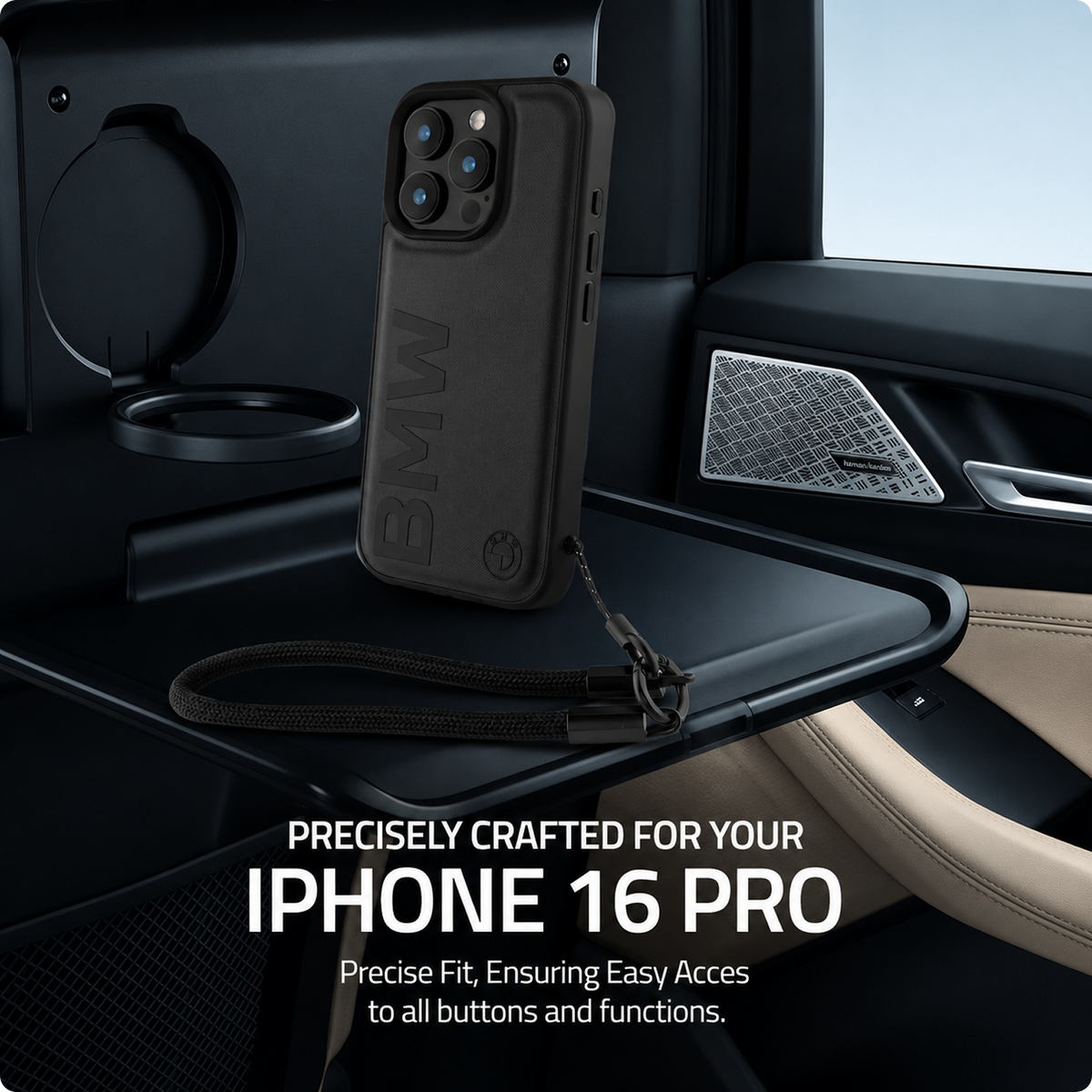 CG MOBILE BMW Phone Case [Official Licensed] Signature| PU Leather Case with Cord Strap Big Wordmark Protective Case/Cover Compatible with iPhone 16 Pro (6.3-Inch) (2024) - Black