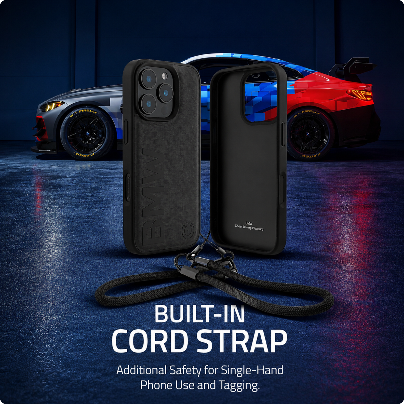 CG MOBILE BMW Phone Case [Official Licensed] Signature| PU Leather Case with Cord Strap Big Wordmark Protective Case/Cover Compatible with iPhone 16 Pro (6.3-Inch) (2024) - Black