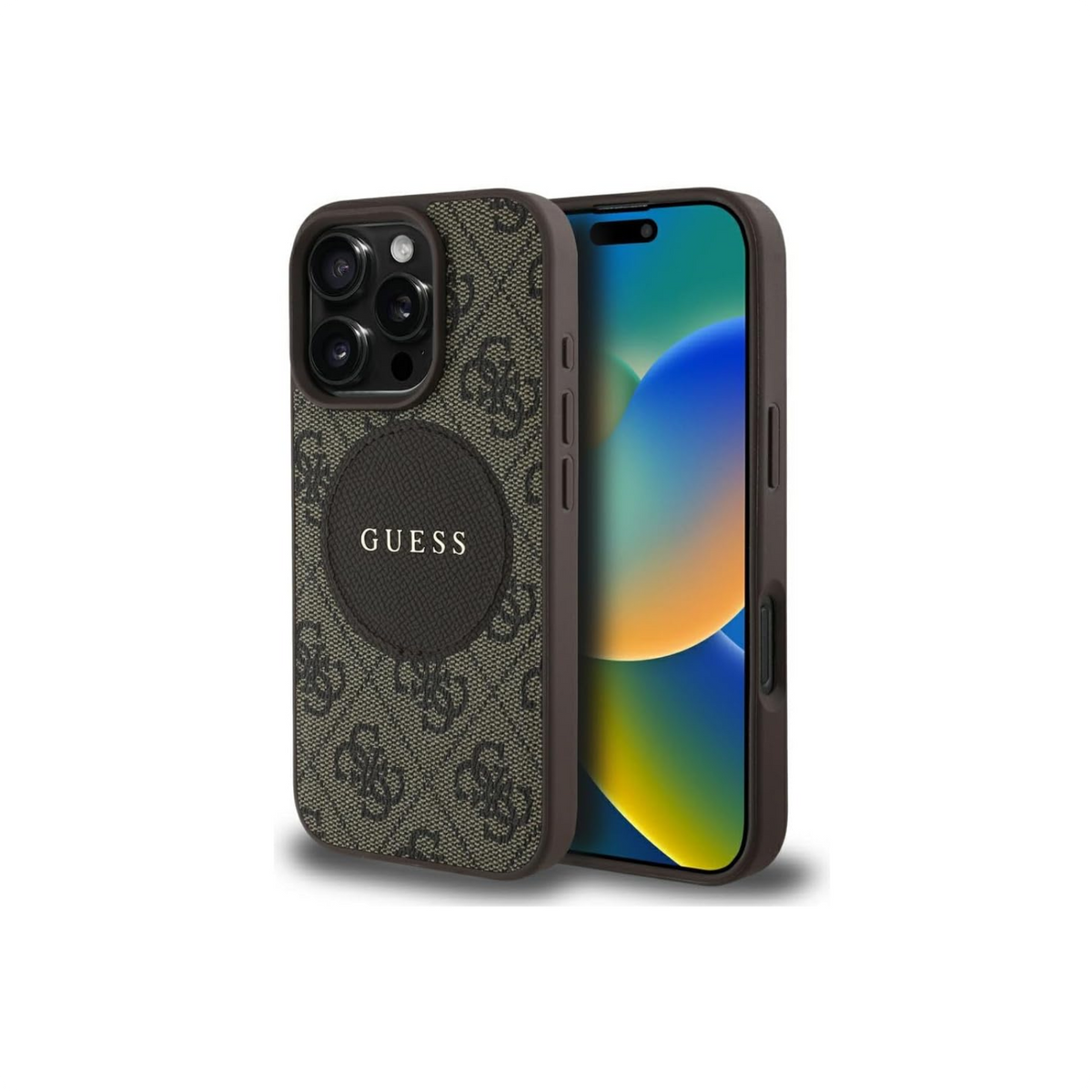 CG MOBILE Guess [Official Licensed] Protective Case Designed for iPhone 16 Pro |Magnetic Compatible |PU Case 4G Circle with Classic Logo - Brown