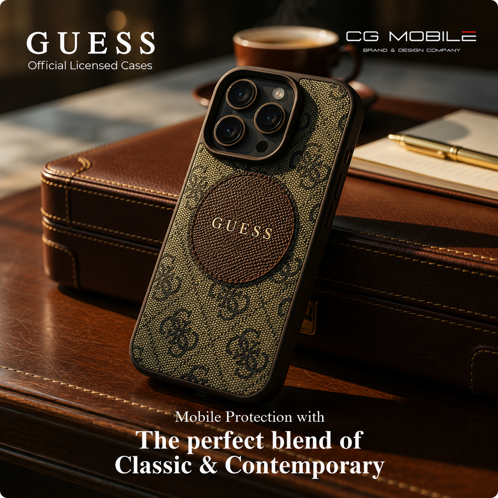 CG MOBILE Guess [Official Licensed] Protective Case Designed for iPhone 16 Pro |Magnetic Compatible |PU Case 4G Circle with Classic Logo - Brown