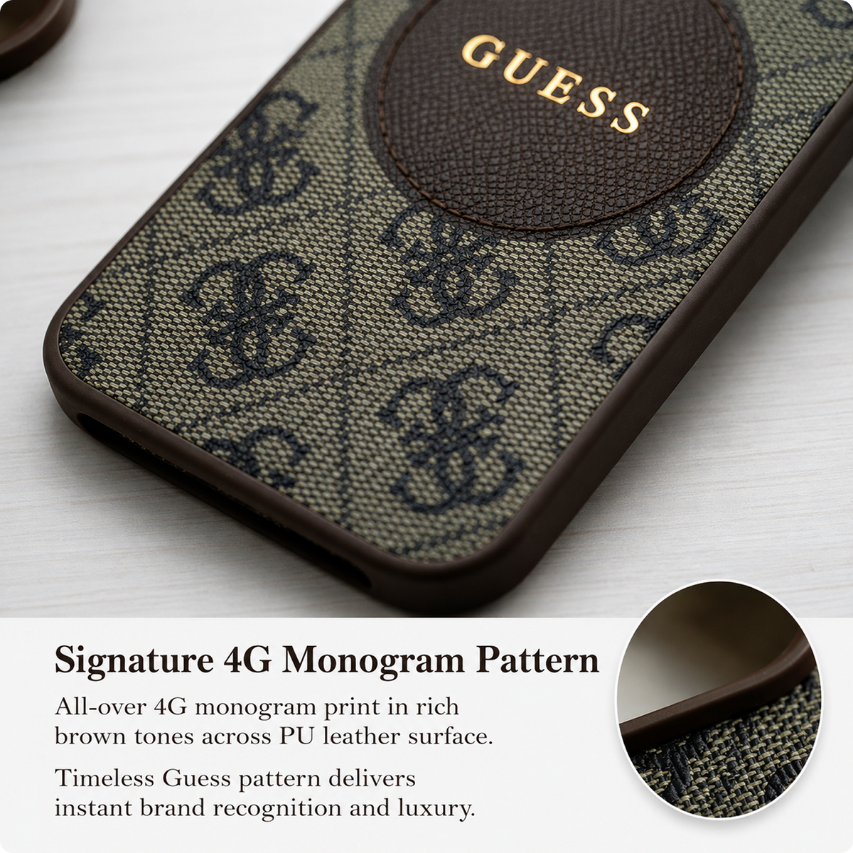 CG MOBILE Guess [Official Licensed] Protective Case Designed for iPhone 16 Pro |Magnetic Compatible |PU Case 4G Circle with Classic Logo - Brown