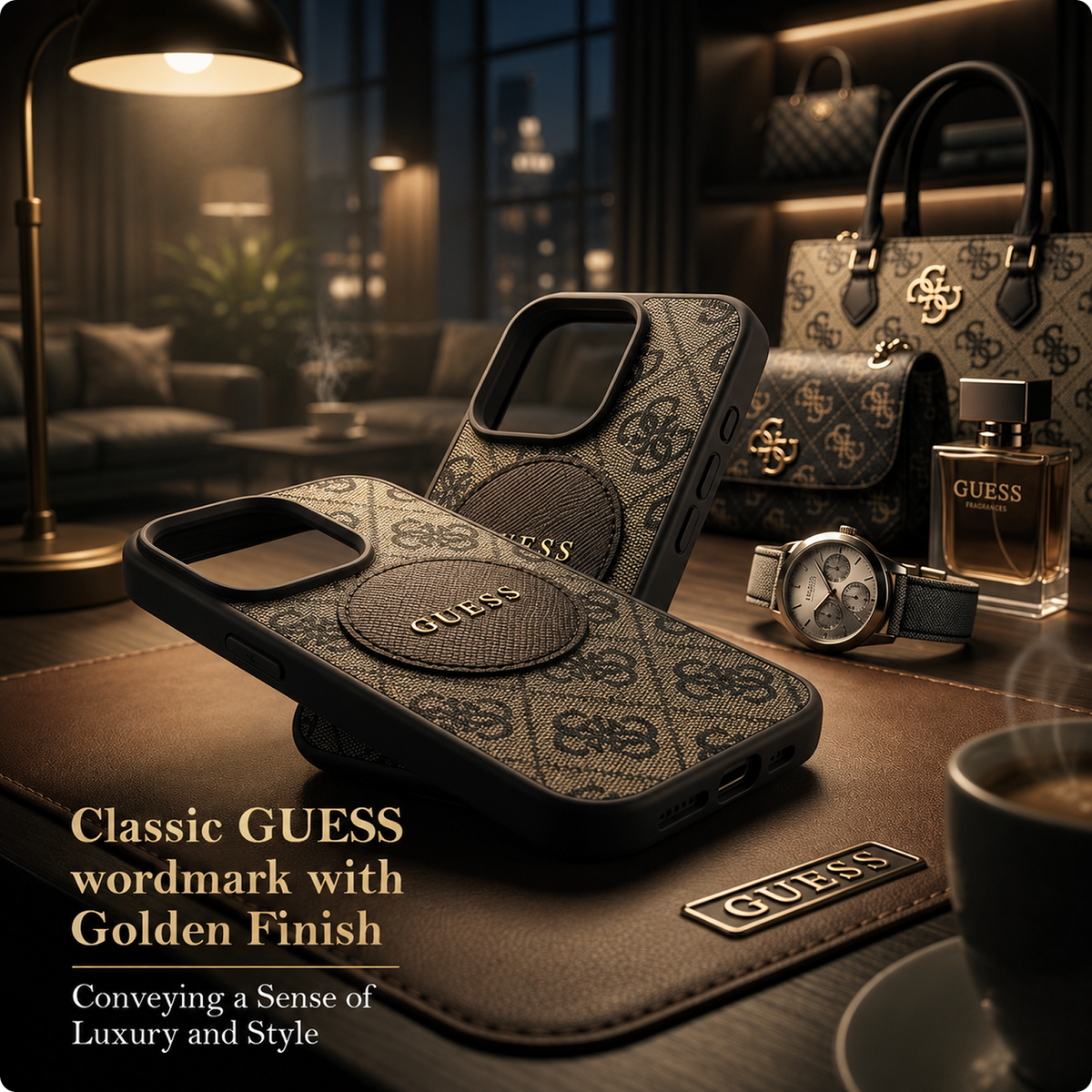 CG MOBILE Guess [Official Licensed] Protective Case Designed for iPhone 16 Pro |Magnetic Compatible |PU Case 4G Circle with Classic Logo - Brown
