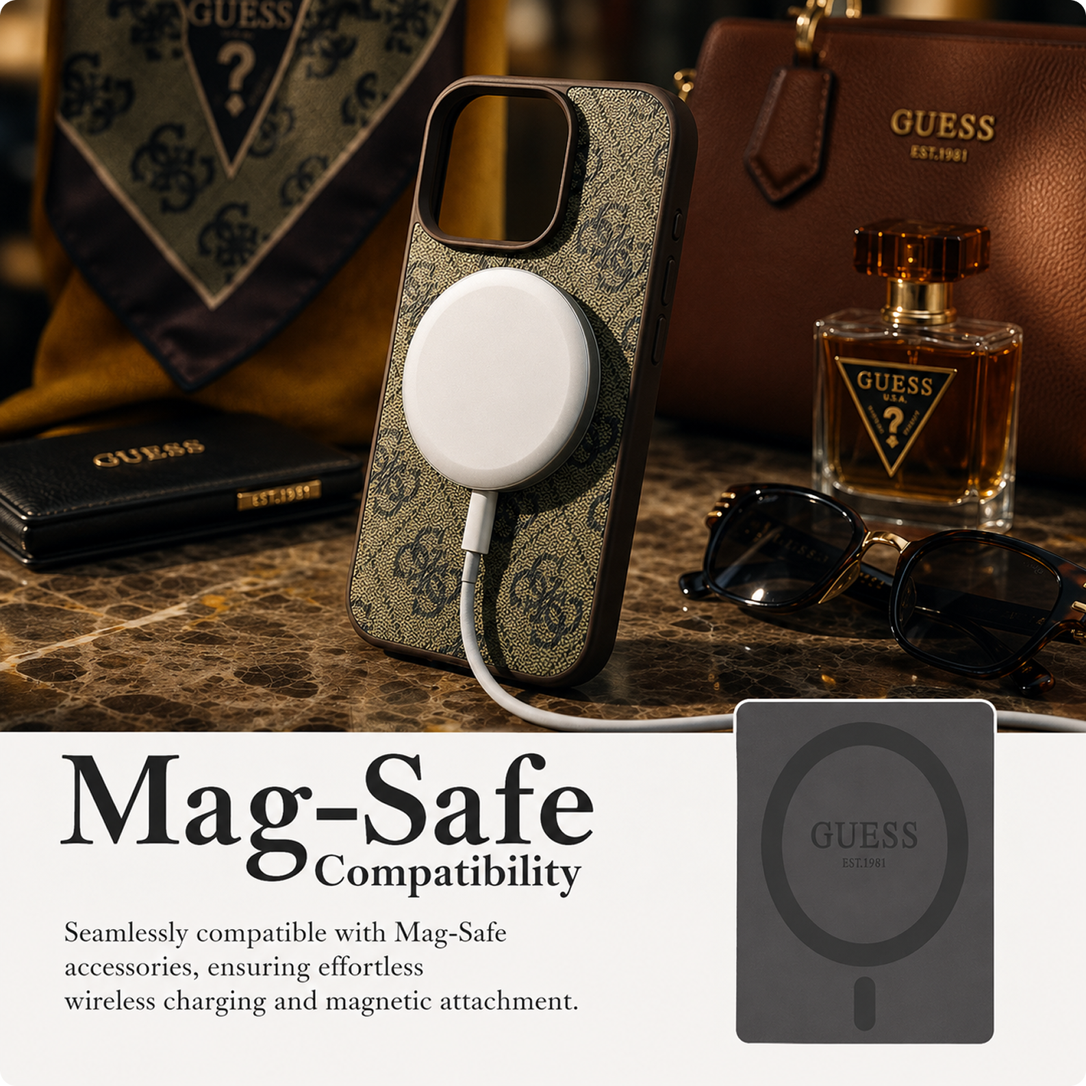 CG MOBILE Guess [Official Licensed] Protective Case Designed for iPhone 16 Pro |Magnetic Compatible |PU Case 4G Circle with Classic Logo - Brown