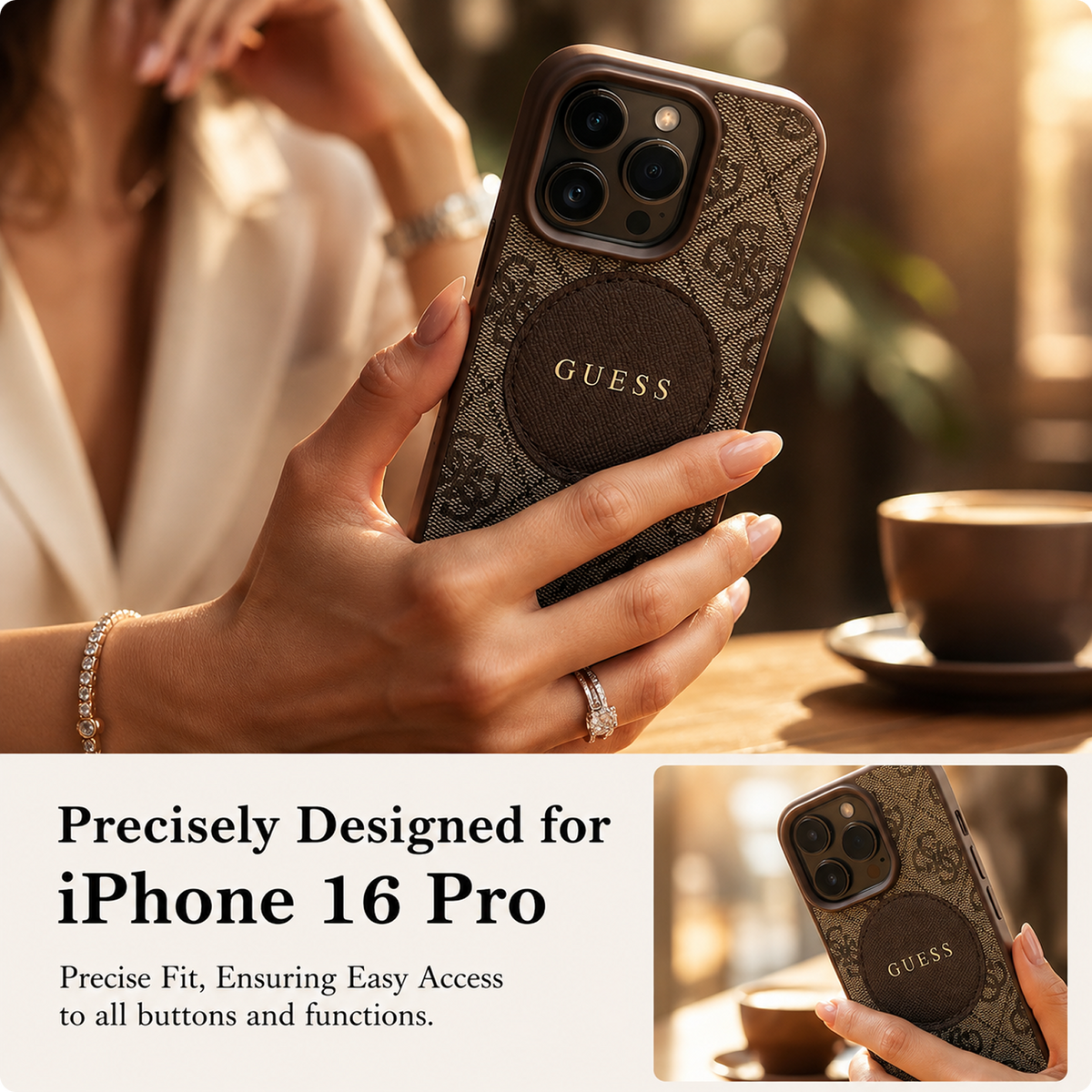 CG MOBILE Guess [Official Licensed] Protective Case Designed for iPhone 16 Pro |Magnetic Compatible |PU Case 4G Circle with Classic Logo - Brown