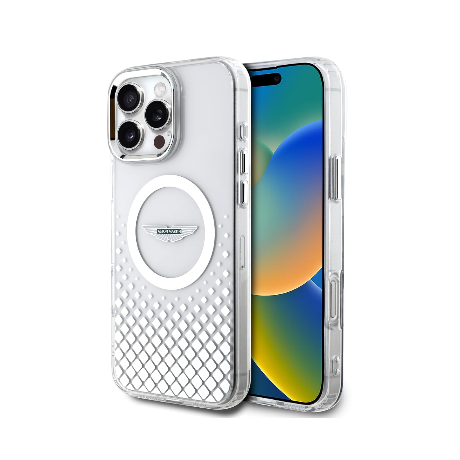 CG MOBILE Aston Martin Phone Case [Official Licensed] Magnetic Compatible| IML Case with Gradient Squares Design & Metal Buttons Protective Case/Cover Compatible with iPhone 16 Pro