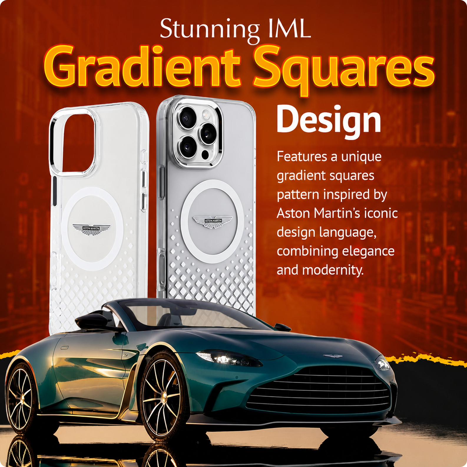 CG MOBILE Aston Martin Phone Case [Official Licensed] Magnetic Compatible| IML Case with Gradient Squares Design & Metal Buttons Protective Case/Cover Compatible with iPhone 16 Pro