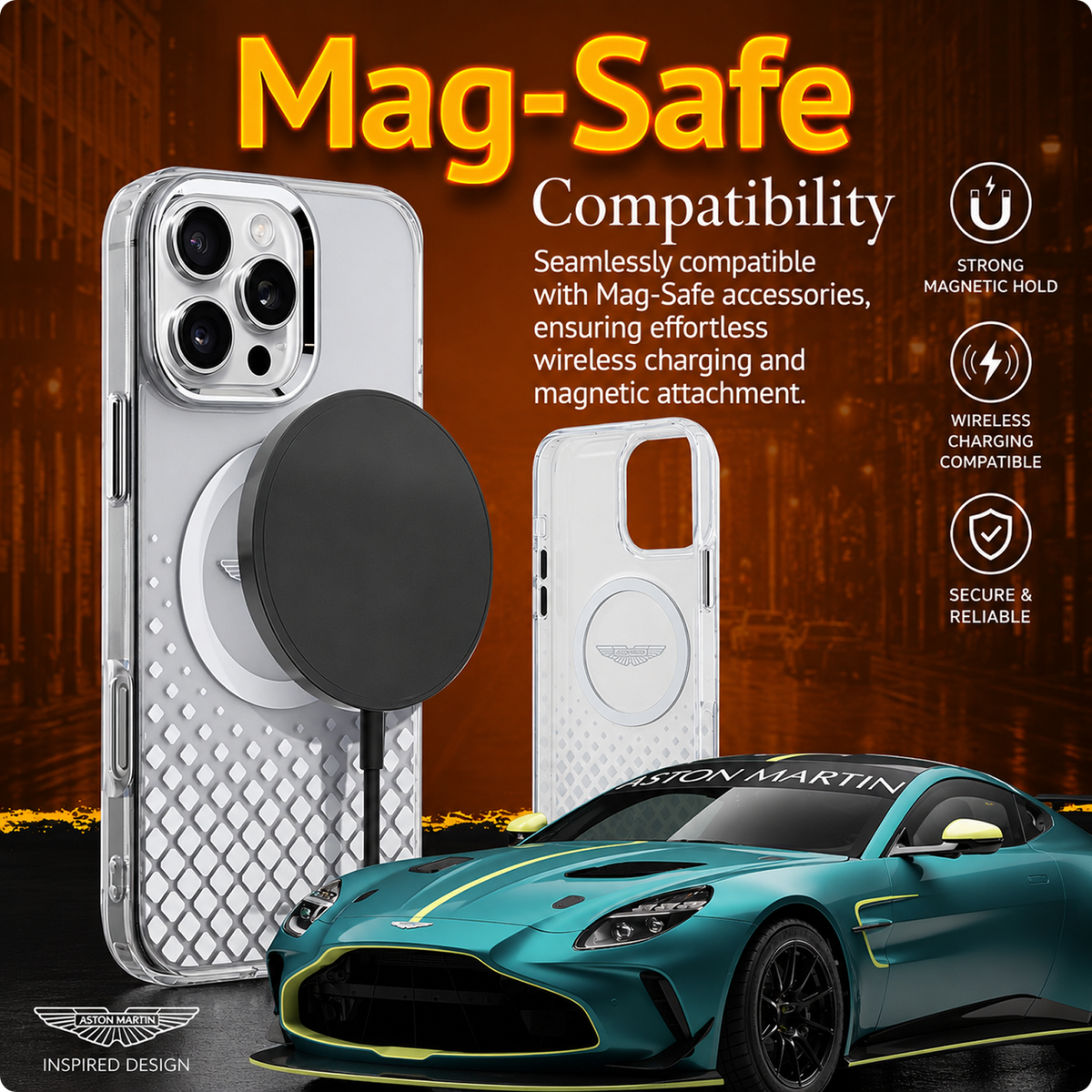 CG MOBILE Aston Martin Phone Case [Official Licensed] Magnetic Compatible| IML Case with Gradient Squares Design & Metal Buttons Protective Case/Cover Compatible with iPhone 16 Pro