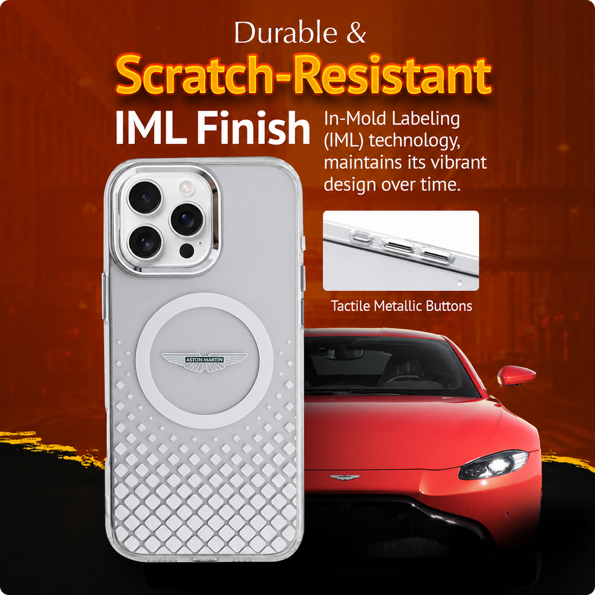 CG MOBILE Aston Martin Phone Case [Official Licensed] Magnetic Compatible| IML Case with Gradient Squares Design & Metal Buttons Protective Case/Cover Compatible with iPhone 16 Pro