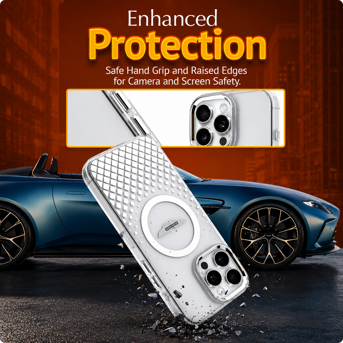 CG MOBILE Aston Martin Phone Case [Official Licensed] Magnetic Compatible| IML Case with Gradient Squares Design & Metal Buttons Protective Case/Cover Compatible with iPhone 16 Pro