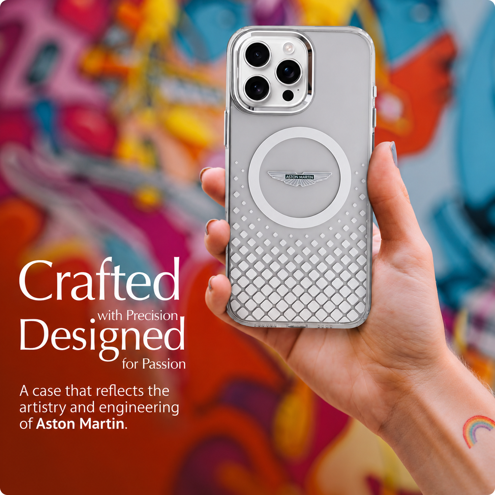 CG MOBILE Aston Martin Phone Case [Official Licensed] Magnetic Compatible| IML Case with Gradient Squares Design & Metal Buttons Protective Case/Cover Compatible with iPhone 16 Pro