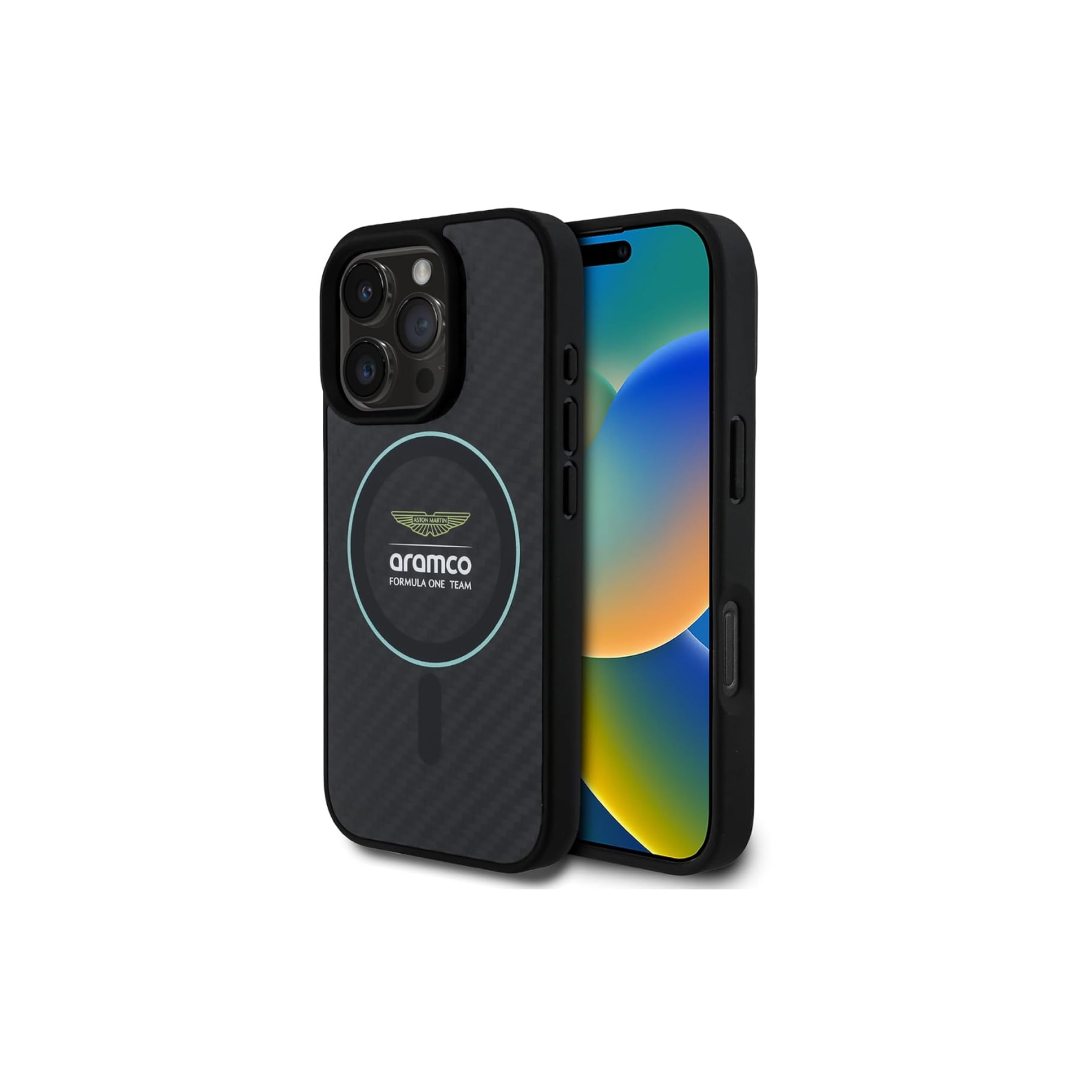 CG MOBILE Aston Martin Phone Case [Official Licensed] Magnetic Compatible| Carbon Fiber Case with Green Circle & Printed Logo Protective Case Designed for iPhone 16 Pro (2024) -Black