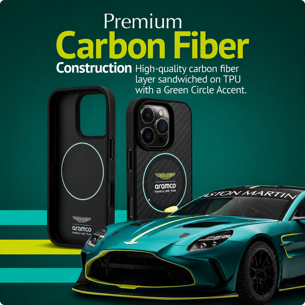 CG MOBILE Aston Martin Phone Case [Official Licensed] Magnetic Compatible| Carbon Fiber Case with Green Circle & Printed Logo Protective Case Designed for iPhone 16 Pro (2024) -Black