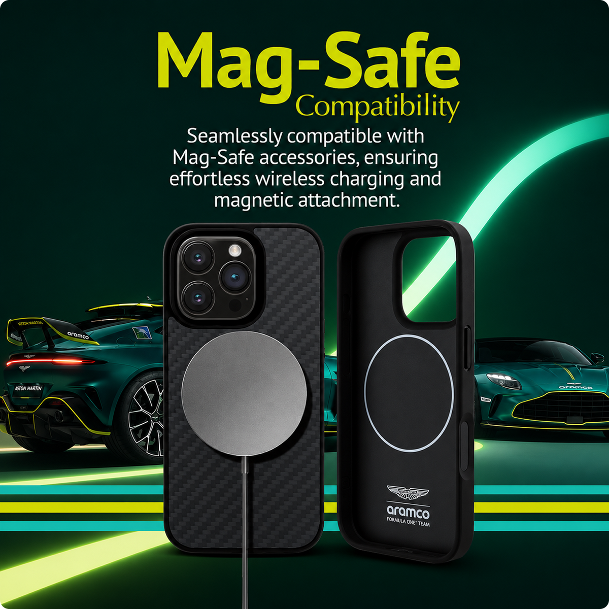 CG MOBILE Aston Martin Phone Case [Official Licensed] Magnetic Compatible| Carbon Fiber Case with Green Circle & Printed Logo Protective Case Designed for iPhone 16 Pro (2024) -Black