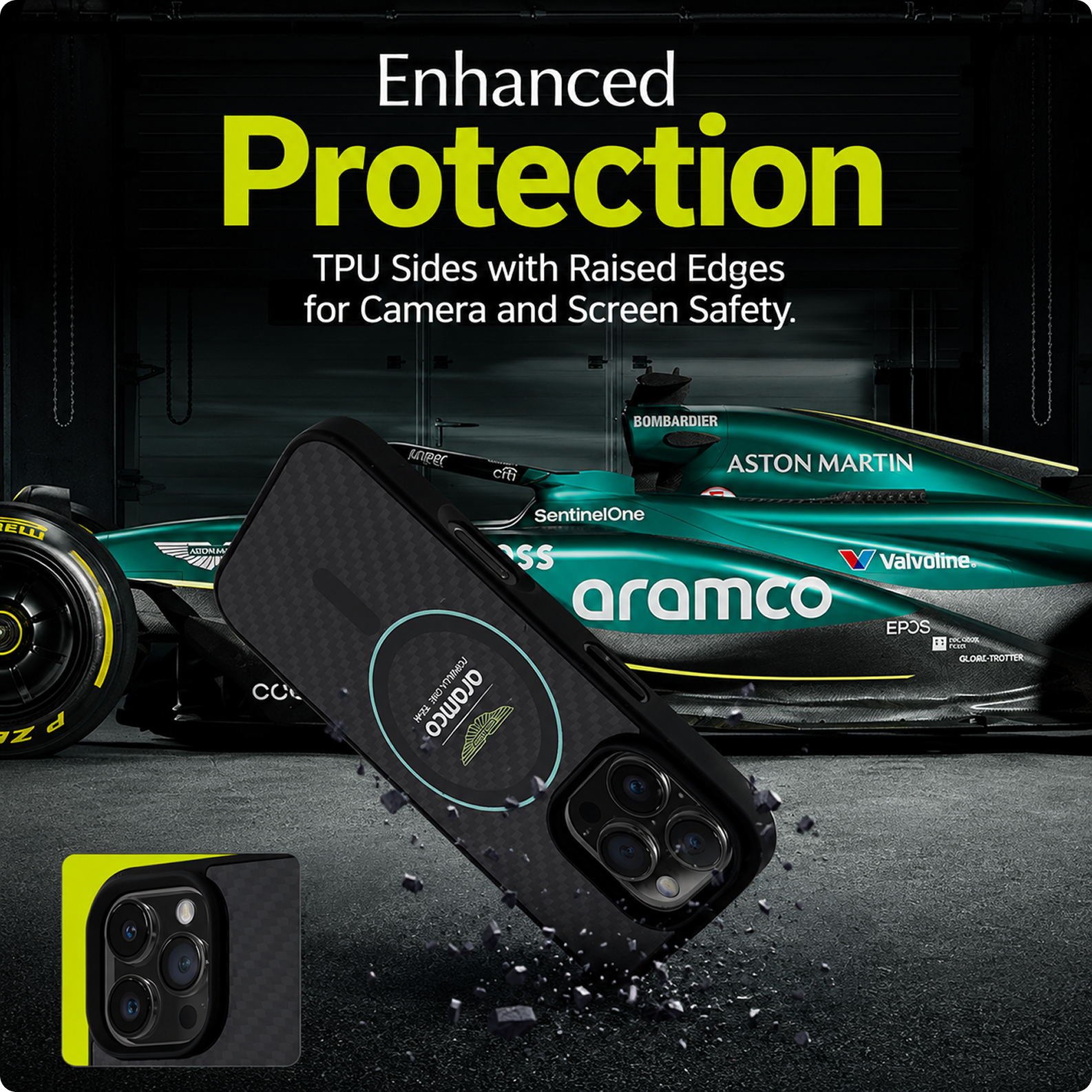 CG MOBILE Aston Martin Phone Case [Official Licensed] Magnetic Compatible| Carbon Fiber Case with Green Circle & Printed Logo Protective Case Designed for iPhone 16 Pro (2024) -Black